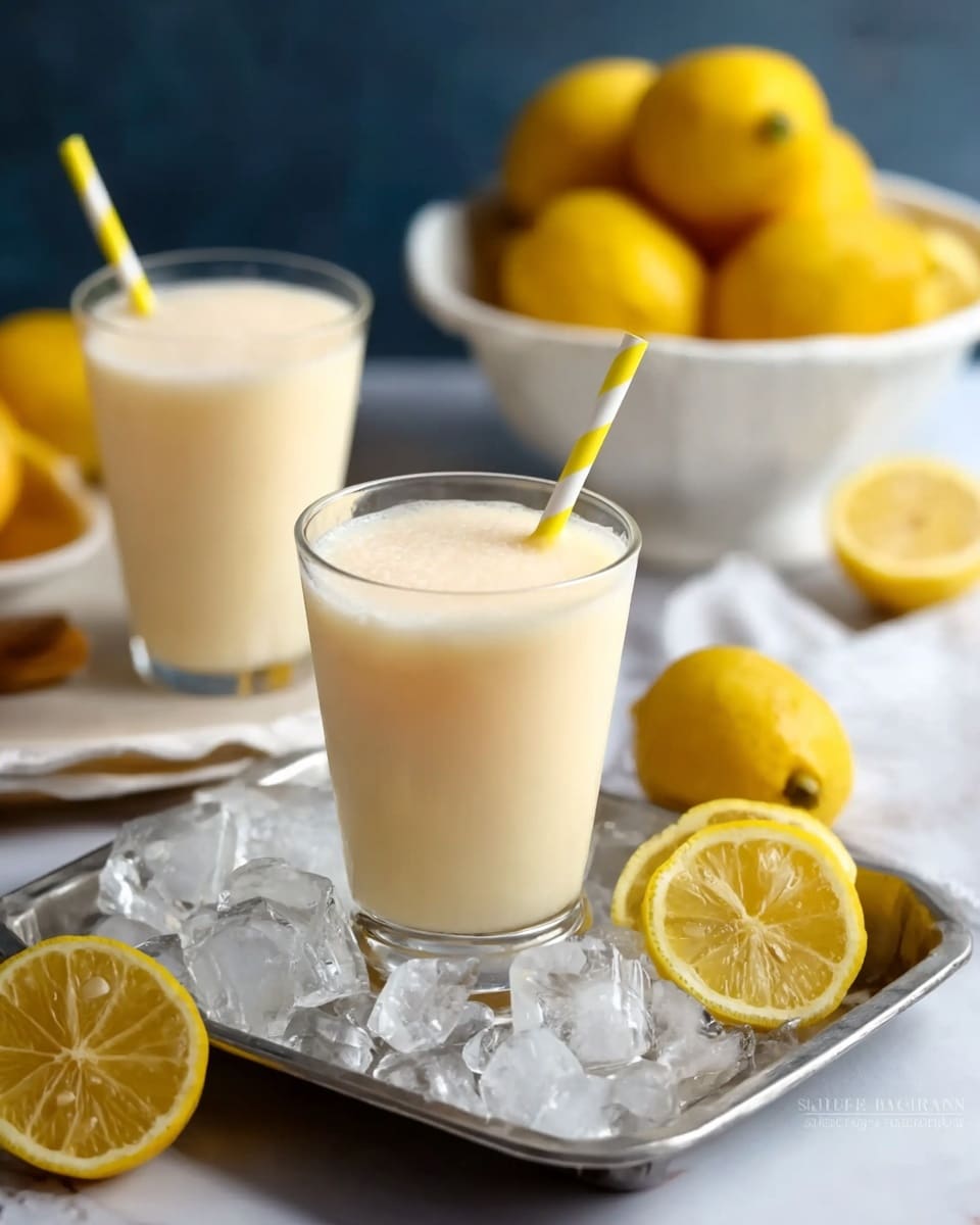 Two clear glasses filled with pale yellow creamy drinks, each with a yellow and white striped straw. The glass in the front sits on a metal tray of ice cubes with two lemon wedges nearby, one resting on the tray and one inside the second glass at the back right. The background features a white bowl of bright yellow lemons on a white marbled surface. The overall scene shows cool, fresh lemon drinks with a soft texture. Photo taken with an iphone --ar 4:5 --v 7
