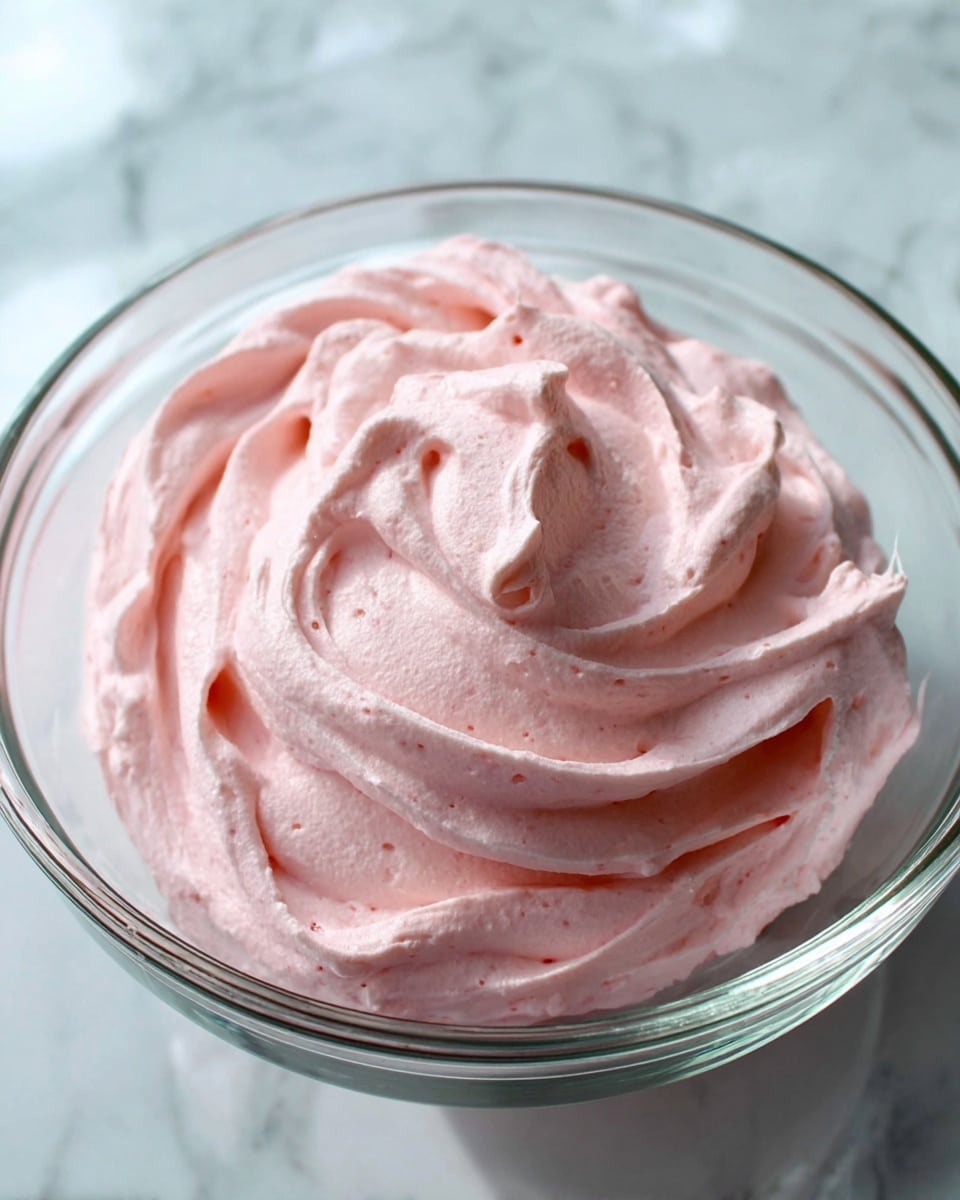 The image shows a clear glass bowl filled with one thick layer of smooth, light pink whipped cream. The whipped cream has a fluffy and soft texture with gentle swirls and peaks, creating a creamy, airy look. The bowl is placed on a white marbled surface. Photo taken with an iphone --ar 4:5 --v 7
