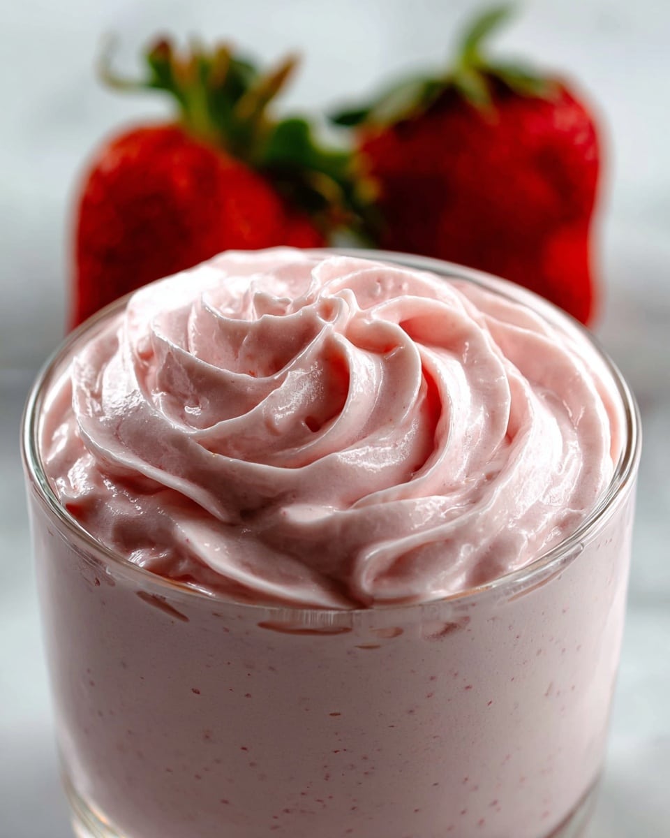 A clear glass is filled with light pink whipped cream-like mousse, swirled in multiple layers reaching near the top with a soft, smooth texture. On the very top, one fresh red strawberry with green leaves is placed, standing out against the pale pink cream. The background and surface are white marbled texture. photo taken with an iphone --ar 4:5 --v 7