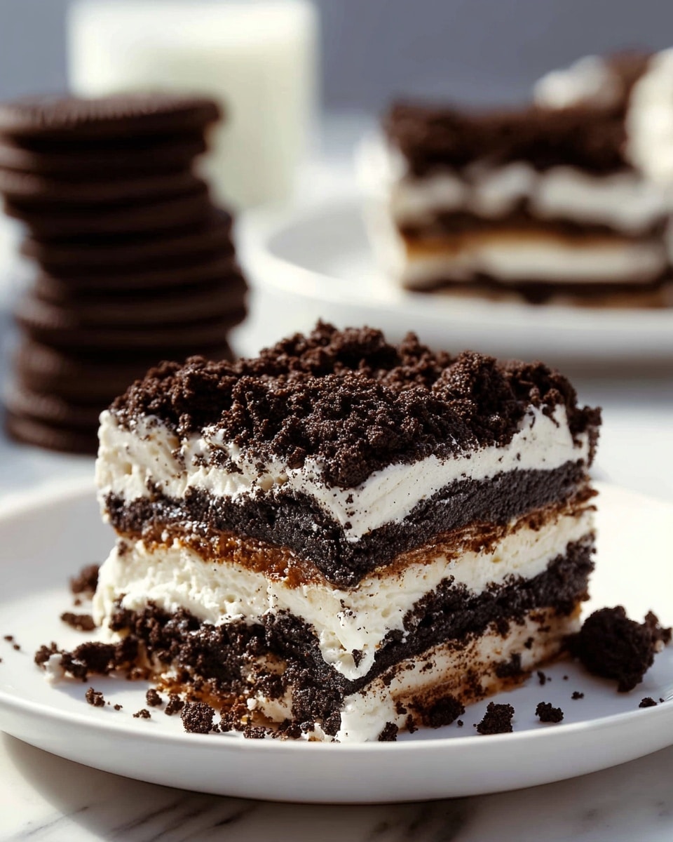 A square dessert sits on a white plate with a white marbled background, made of five visible layers of dark chocolate cookies and four layers of white cream in between. The top is covered with a thick layer of white cream sprinkled with crushed dark cookie pieces, and it is finished with a whole chocolate cookie placed in the center. A stack of whole chocolate cookies is blurred in the background, as well as another piece of the same dessert on a white plate. photo taken with an iphone --ar 4:5 --v 7