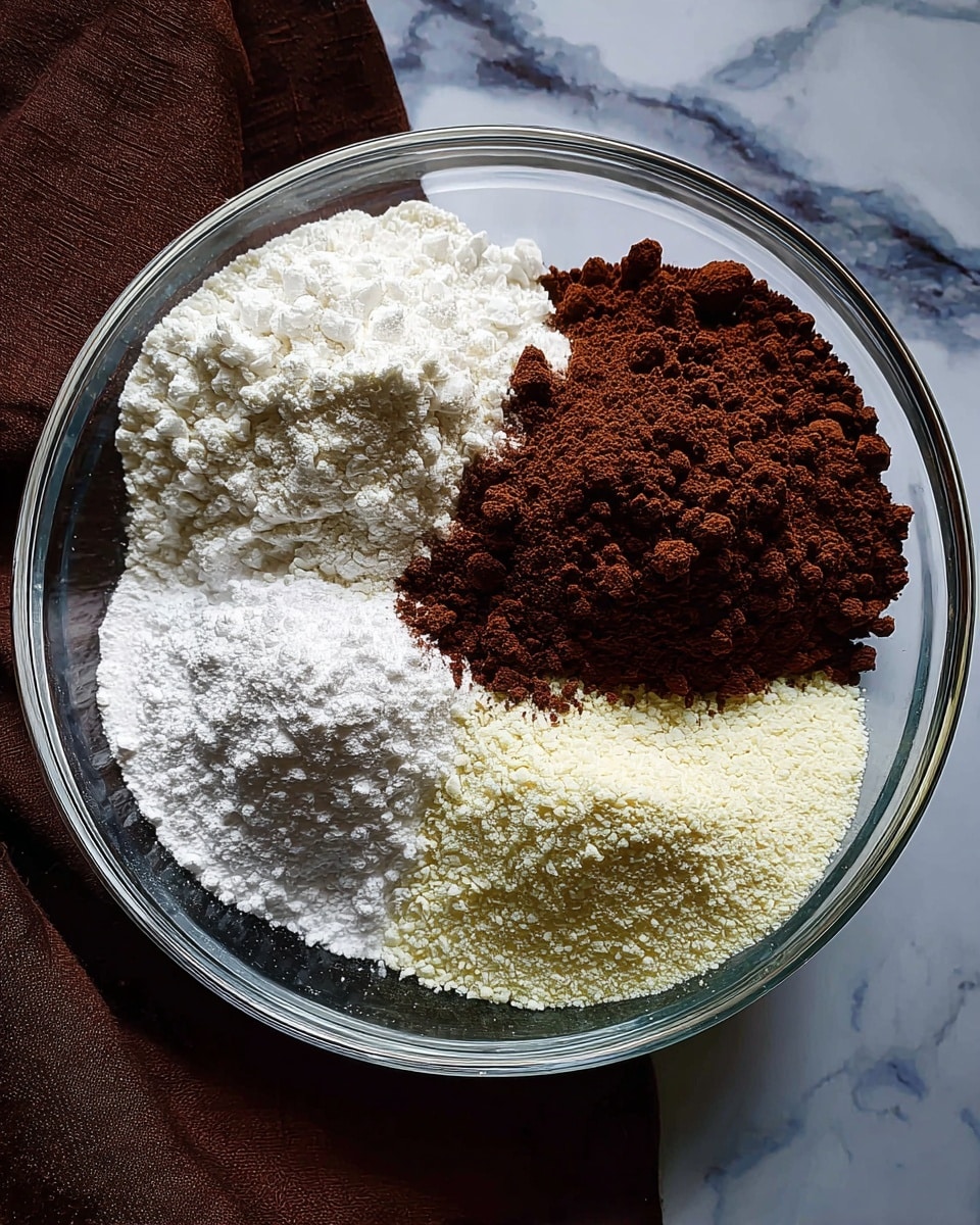 A clear glass bowl is placed on a white marbled surface, filled with six separate dry ingredients, each in its own section touching each other. Starting from the top left and moving clockwise: a large pile of white powdered sugar with a soft, fluffy texture; next to it, a rich dark brown cocoa powder with a crumbly texture; to the right of the cocoa, a small heap of fine white baking powder; below that, a pinched pile of fine white salt; and at the bottom, a large amount of a pale yellow powder with a fine texture, likely powdered milk. The colors and textures create a contrast within the clear bowl, which sits on a dark cloth on the side. Photo taken with an iphone --ar 4:5 --v 7
