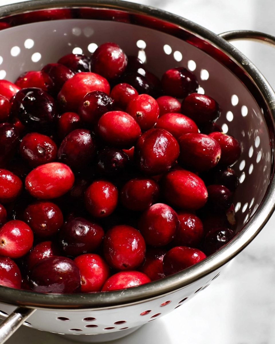 A close-up image of a white metal colander filled with fresh cranberries, each cranberry is shiny with a mix of dark red and bright red colors. The colander has many round holes and a smooth metal rim with handles on the sides. The colander is resting on a white marbled surface, creating a clean and bright setting. Light reflections on the cranberries make them look wet or recently washed. photo taken with an iphone --ar 4:5 --v 7
