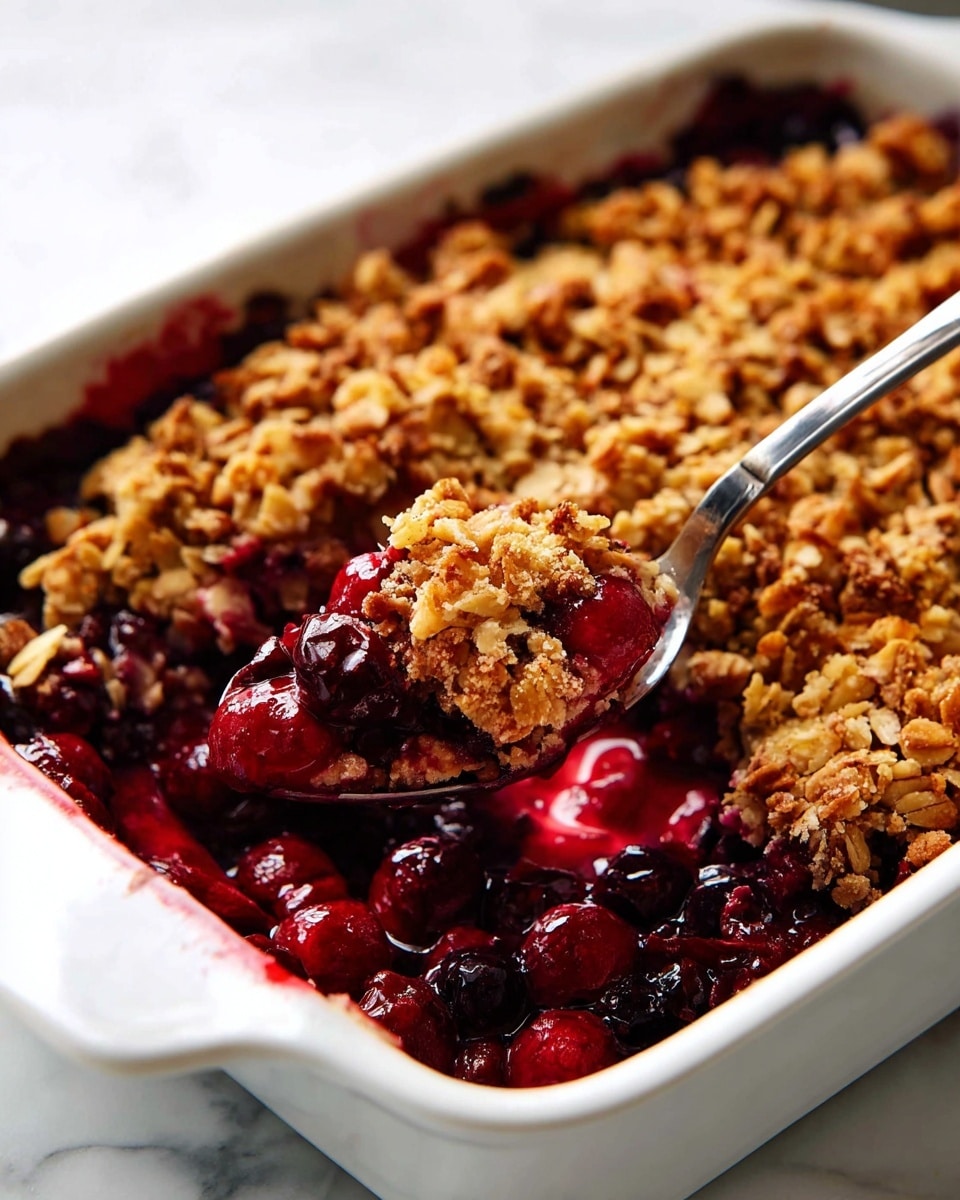 A white round baking dish with two handles is filled with a dessert showing two layers: the bottom layer is dark red, juicy cooked fruit with a glossy texture, stained slightly on the edges of the dish, and the top layer is a golden brown oat crumble with large oat flakes and small pieces of nut clusters, giving a crunchy look. The dish is placed on a white marbled surface with bright lighting, and two more similar dishes are partially visible around it. A shiny silver spoon is nearby, reflecting some light. photo taken with an iphone --ar 4:5 --v 7
