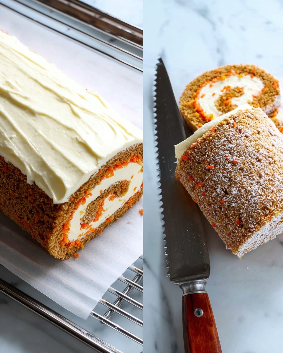 A stack of four round orange-brown cake rolls with visible small carrot bits and nut specks, each layer spiraled with a thick creamy white filling, dusted lightly with white powdered sugar on the top and sides. They are placed in a neat vertical line on a white marbled surface, showing the soft texture of the cake and smooth inside filling with a slight shine from moisture. The top slice is angled slightly backward, giving a clear view of the rolled layers and fine crumb structure. Photo taken with an iphone --ar 4:5 --v 7