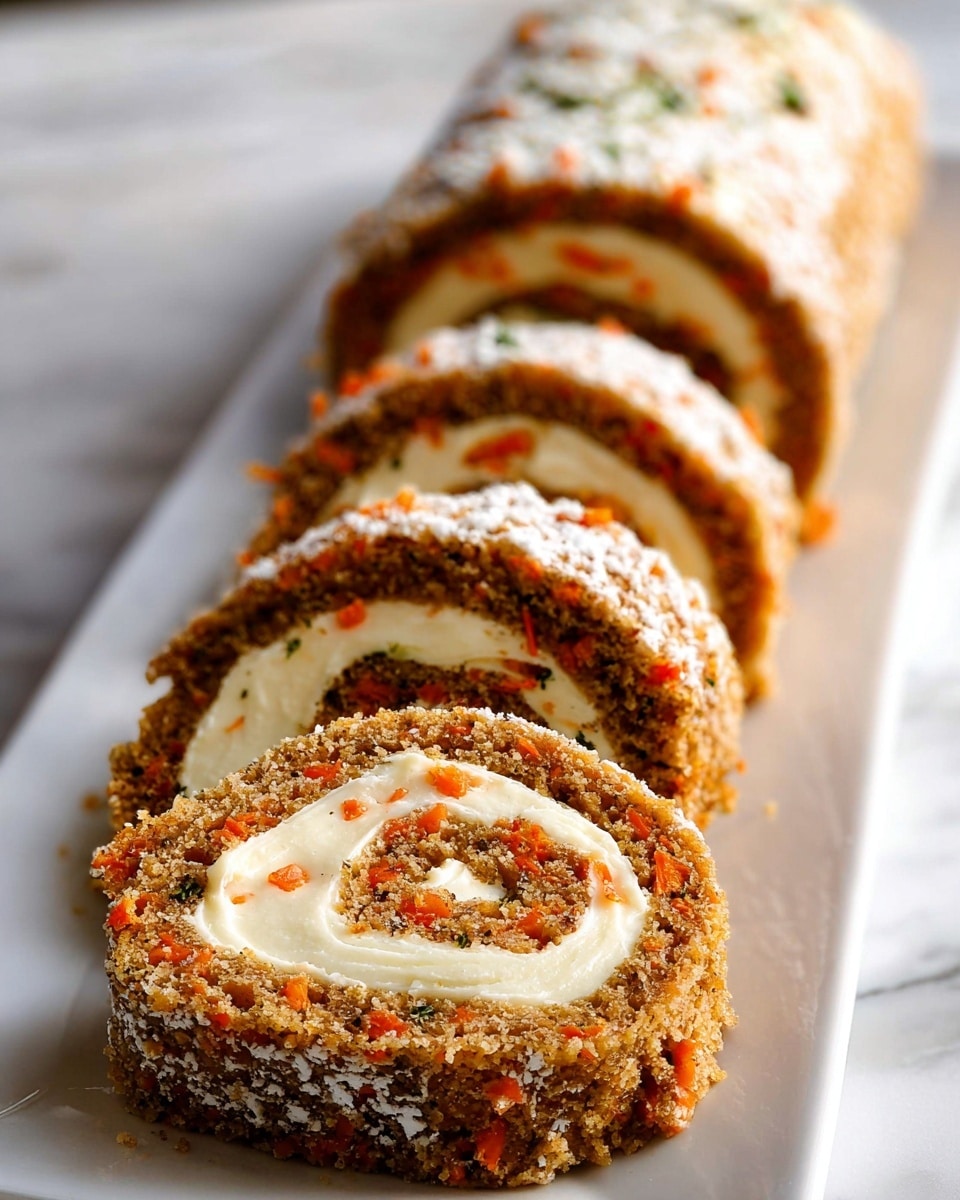 The image shows two views of a rolled cake with cream filling. On the left, a rectangular flat layer of brown sponge cake with small orange bits is spread evenly with a smooth, thick layer of white cream on top, resting on white parchment paper over a wire rack. On the right, a close-up of the rolled cake displays three visible spiral layers: a thin outer brown sponge cake layer dotted with orange bits, a thick inner white cream layer, and a central cream core, all dusted lightly with powdered sugar and held by a serrated knife. The background is a white marbled texture photo taken with an iphone --ar 4:5 --v 7