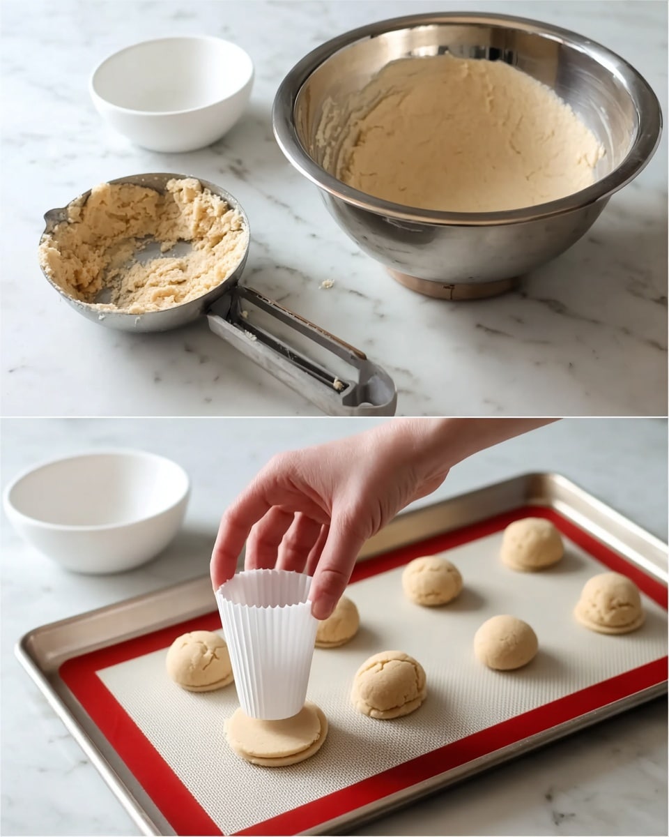 Three round cookies sit on a black cooling rack over a white marbled surface, each with two layers: a thick, light beige base and a dark brown upper layer topped with a white cream spiral swirl starting from the center and moving outward. To the right, a small clear glass jar on its side spills several cinnamon sticks onto the marbled surface. Near the bottom right corner, a white bowl with a red rim is filled with light brown sugar crumbs scattered a bit outside the bowl. The whole scene is bright with soft natural light. photo taken with an iphone --ar 4:5 --v 7
