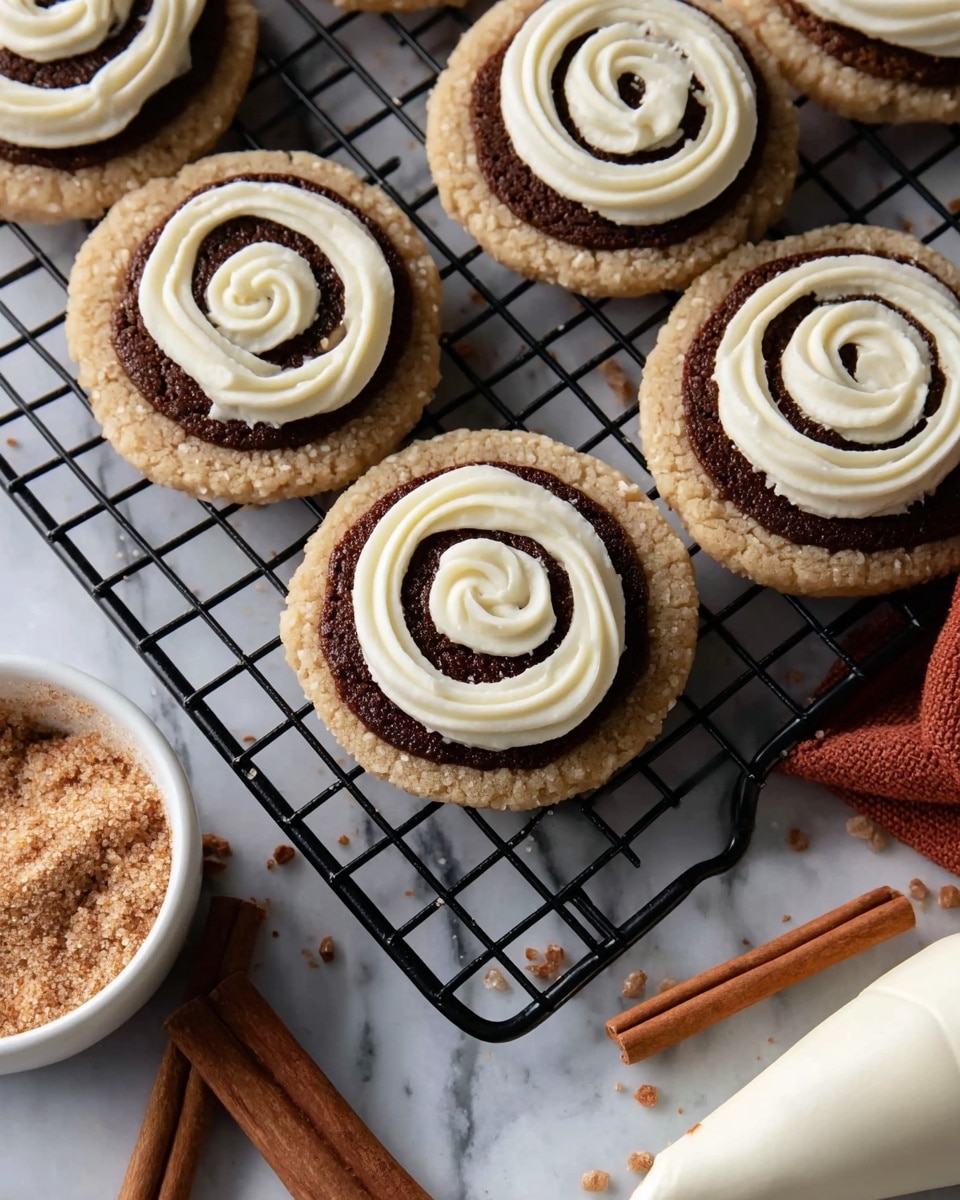 The image shows several round cookies arranged on a black cooling rack over a white marbled surface. Each cookie has two layers: the bottom layer is light beige with a crumbly texture, and the top layer is dark brown with a smooth texture. On top of the dark brown layer, a white cream is piped in a spiral pattern, starting from the center and moving outward. Near the cookies, there are two cinnamon sticks, some scattered light brown sugar, a white bowl filled with light brown sugar, and a piping bag with white cream. The photo taken with an iphone --ar 4:5 --v 7