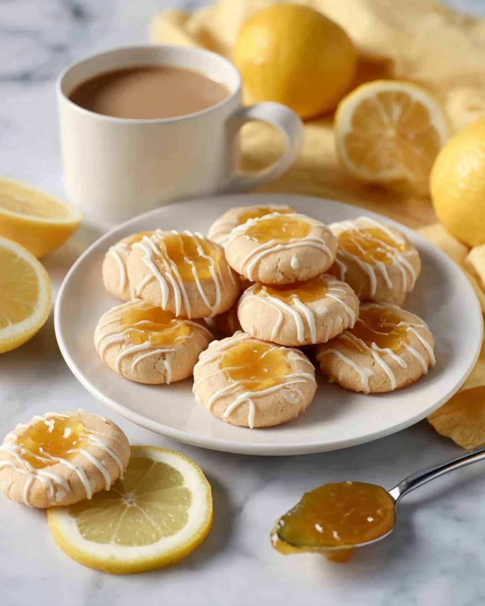 A white plate holds nine round thumbprint cookies arranged in a small pile. Each cookie has a light beige color, with a smooth, glossy yellow jam filling in the center, topped with thin white icing stripes drizzled in a zigzag pattern. Around the plate, three more cookies lie on the white marbled surface. In the front right corner, a silver spoon with yellow jam rests next to two lemon slices. Behind the plate, a white cup filled with light brown liquid sits near a whole lemon, a halved lemon, and a folded yellow cloth. Photo taken with an iphone --ar 4:5 --v 7
