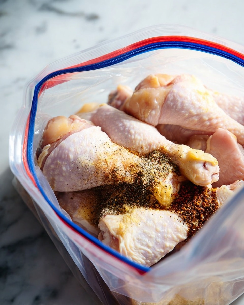 Inside a clear plastic bag with blue and red zipper edges, there are several raw chicken drumsticks with pale pink skin and yellow fat. On top of the drumsticks, there are layers of dry spices forming patches of light tan, dark black pepper, and reddish-brown powder, creating a rough texture. The bag is open and resting against a white marbled surface that softly reflects light. Photo taken with an iphone --ar 4:5 --v 7