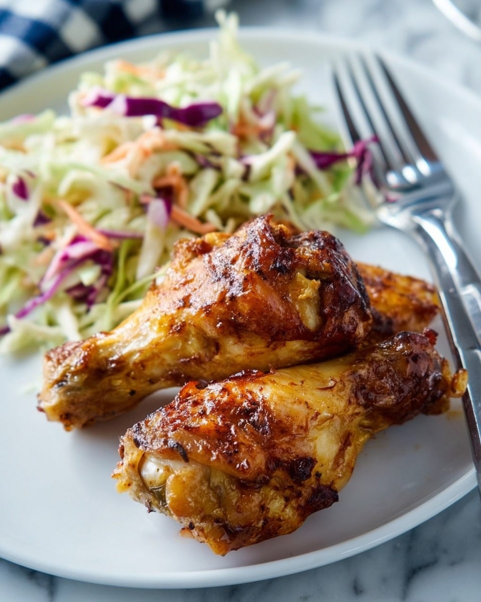 The image shows two grilled chicken drumsticks with a golden-brown, slightly crispy skin, placed on the left side of a white plate. On the right side of the plate, there is a serving of colorful coleslaw, made of shredded green and purple cabbage, along with small pieces of carrot, giving a fresh and crunchy texture. The plate sits on a white marbled surface with a green and white checkered cloth partially visible underneath. In the blurred background, a green bottle is faintly visible. photo taken with an iphone --ar 4:5 --v 7
