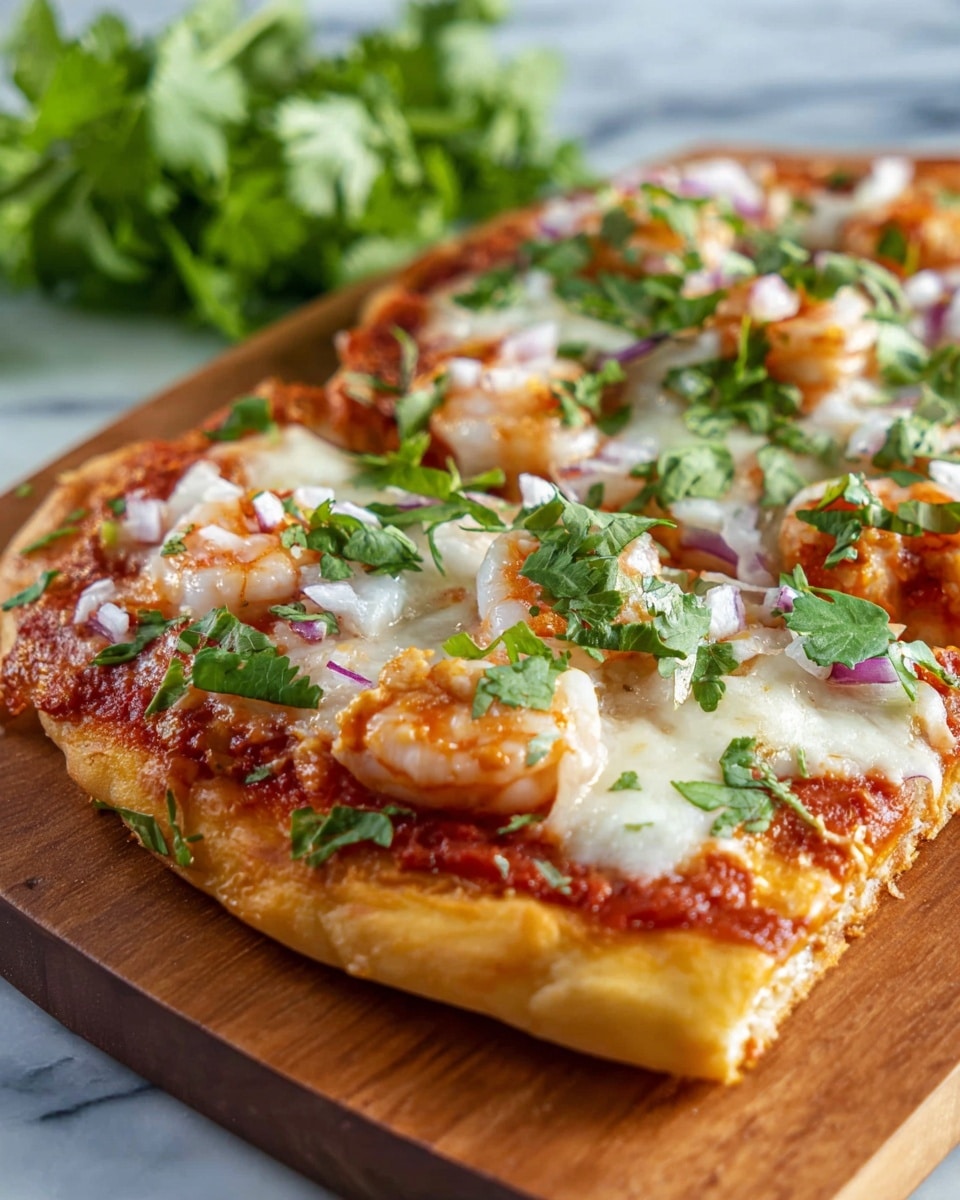 A close-up of a flat round pizza placed on a wooden board with a golden-brown crust as the base layer. On top of the crust is a layer of vibrant red tomato sauce dotted with melted white cheese that has a smooth, bubbly texture. Scattered across the cheese are small pieces of shrimp and thin slices of purple onion. Bright green fresh cilantro leaves are sprinkled on top as the final layer, adding a fresh contrast. A blurred bunch of cilantro leaves is seen in the background on a white marbled surface. photo taken with an iphone --ar 4:5 --v 7