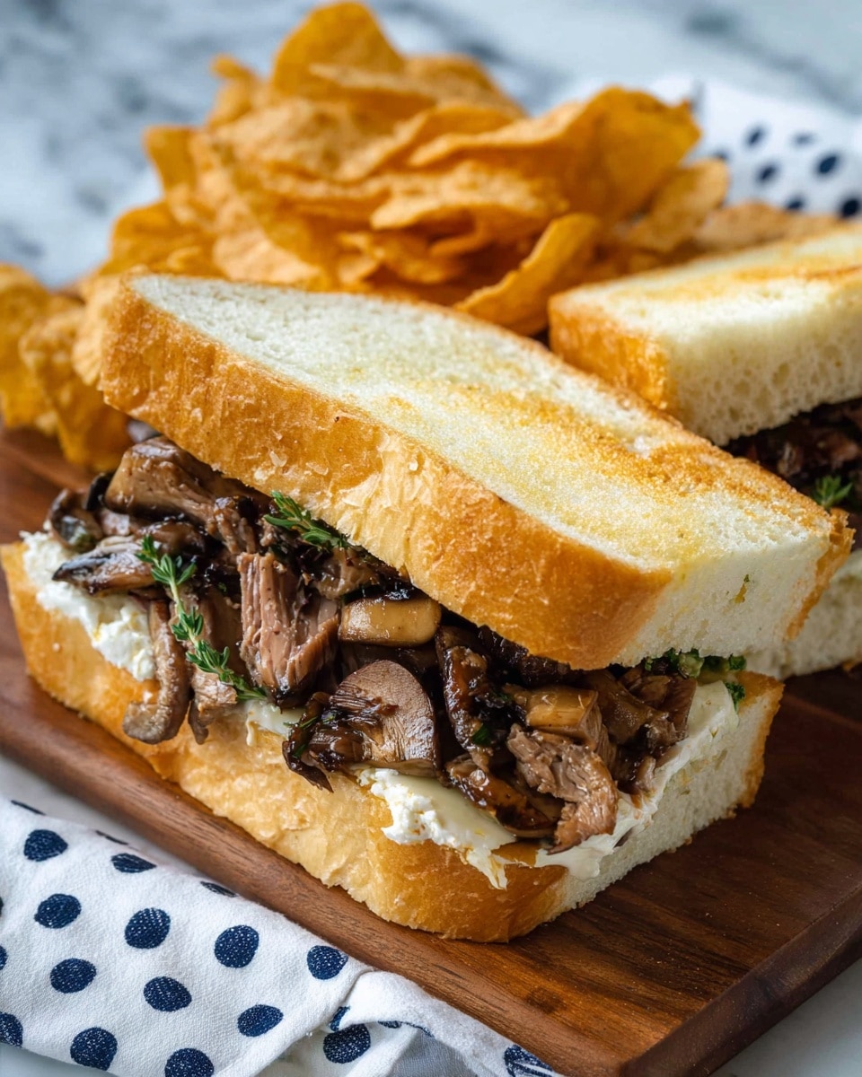 A sandwich with two thick layers of soft, toasted white bread forms the base and top, slightly open to show the inside. The first filling layer is a mix of cooked, thinly sliced brown meat and mushrooms with a tender texture, slightly shiny with juices. A melted white cheese layer is spread underneath the meat, blending smoothly with the fillings. The sandwich is served on a wooden board with golden, crispy tortilla chips placed behind it. The whole scene sits on a white marbled surface with a white cloth with dark blue dots pattern partially visible. Photo taken with an iphone --ar 4:5 --v 7