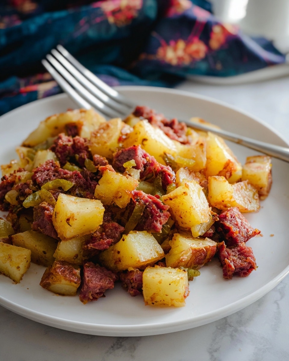 The image shows a close-up of a dish in a dark pan with a mix of two main layers: the first layer is a chunky mix of golden and white potato pieces, some browned on the edges with a soft, slightly crispy texture; the second layer consists of pieces of reddish-pink cured meat, cut into cubes, evenly mixed with the potatoes, and some small bits of light green peppers scattered throughout. A vintage silver spoon is partially seen on the right side, scooping part of the dish, creating a layered view of the potatoes and meat. The scene is set against a white marbled surface. Photo taken with an iphone --ar 4:5 --v 7