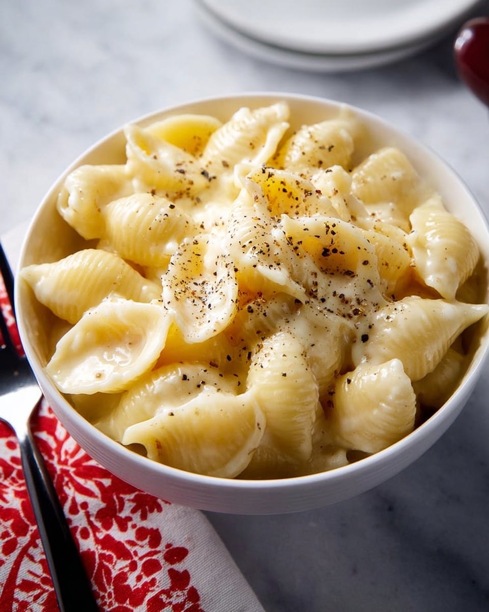 A bowl of small shell pasta is covered in creamy cheese sauce that has a smooth, shiny texture. The pasta shells look soft and are pale yellow, coated evenly by the sauce. There are small black pepper specks sprinkled on top, adding contrast. The dish is served in a white bowl with handles, placed on a white marbled surface with a red cloth that has white polka dots underneath. Photo taken with an iphone --ar 4:5 --v 7