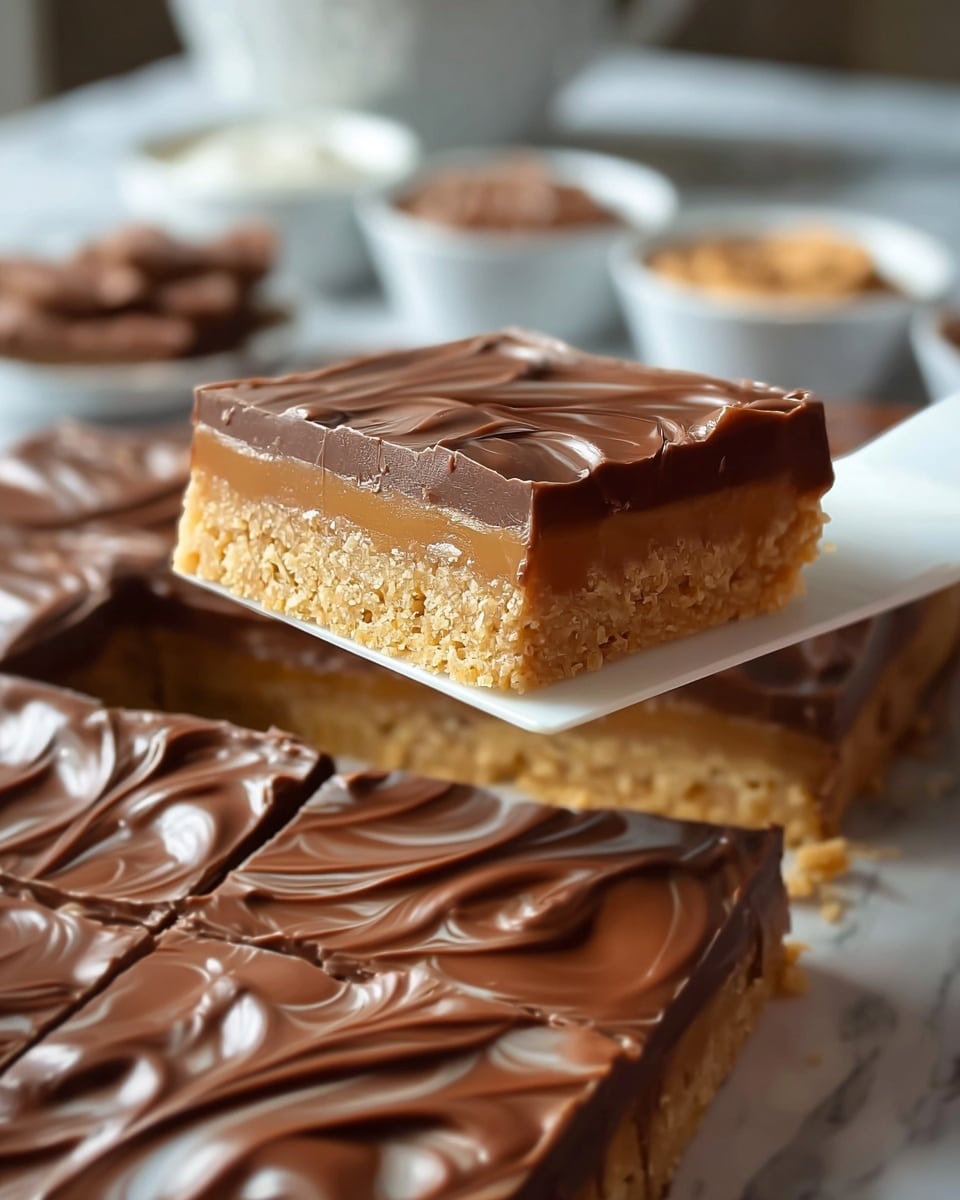 A close-up of a large dessert with two clear layers, set on a white marbled surface. The bottom layer is thick, golden brown, and has a slightly rough texture, resembling a crispy or crunchy base. The top layer is a smooth, shiny milk chocolate ganache with swirling patterns drawn across it, creating a wave-like effect. The dessert is cut into square pieces, and one piece is lifted with a white spatula, showing the contrast between the glossy chocolate top and the textured base beneath. In the blurry background, small white dishes hold additional ingredients, all set on a white marbled surface. Photo taken with an iphone --ar 4:5 --v 7