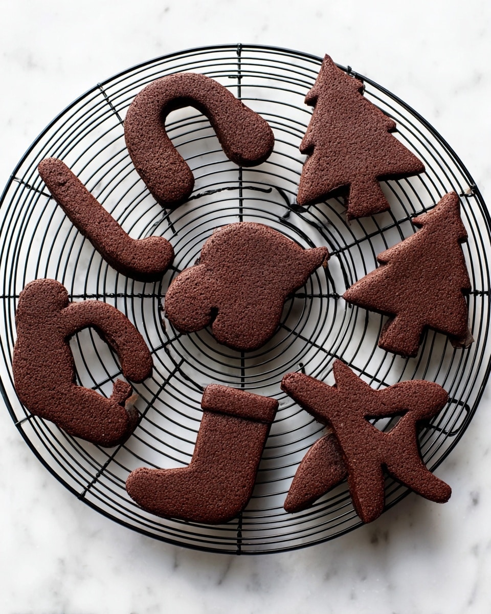 A round wire cooling rack holds nine dark brown chocolate cookies in festive shapes, including candy canes, Christmas trees, stockings, and mitten shapes. The cookies are arranged loosely in a circle on the rack with their matte texture clearly visible. The thin wire rack sits on a white marbled surface, creating a simple and clean background. The overall colors are deep brown for the cookies and black for the rack against the white marbled texture underneath. photo taken with an iphone --ar 4:5 --v 7