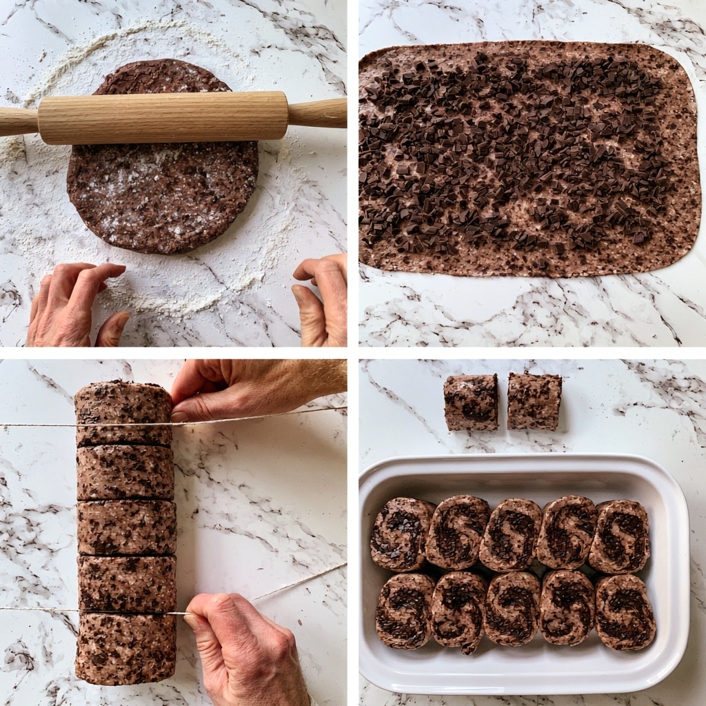 The image shows four steps of making chocolate rolls on a white marbled surface. In the first step (9), a woman's hand is using a wooden rolling pin to roll out a round chocolate dough dusted lightly with flour. The second step (10) shows the rolled dough stretched thin into a large rectangle sprinkled evenly with chopped dark chocolate pieces. In the third step (11), the rectangular dough is rolled up tightly into a log shape, and a woman's hand is cutting it into even slices with string, with two cut pieces visible above. The last step (12) displays nine chocolate rolls neatly arranged in three rows inside a white baking dish, ready to bake, showing swirls of dark chocolate within the dough. Photo taken with an iphone --ar 4:5 --v 7