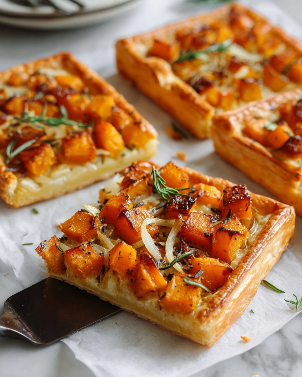 A square pie with a thick, golden-brown puff pastry crust forms the base, raised edges crisp and slightly shiny. The first layer inside is creamy and light beige, smooth in texture, covering the entire base within the crust. On top, cubed roasted orange sweet potatoes are spread across the pie, each piece with a slightly caramelized surface showing browning and seasoning. Lightly cooked, thin white onion slices are scattered among the sweet potato cubes. Sprigs of dark green rosemary leaves are dotted on top, adding texture. The pie sits on a sheet of white parchment paper over a white marbled surface. photo taken with an iphone --ar 4:5 --v 7