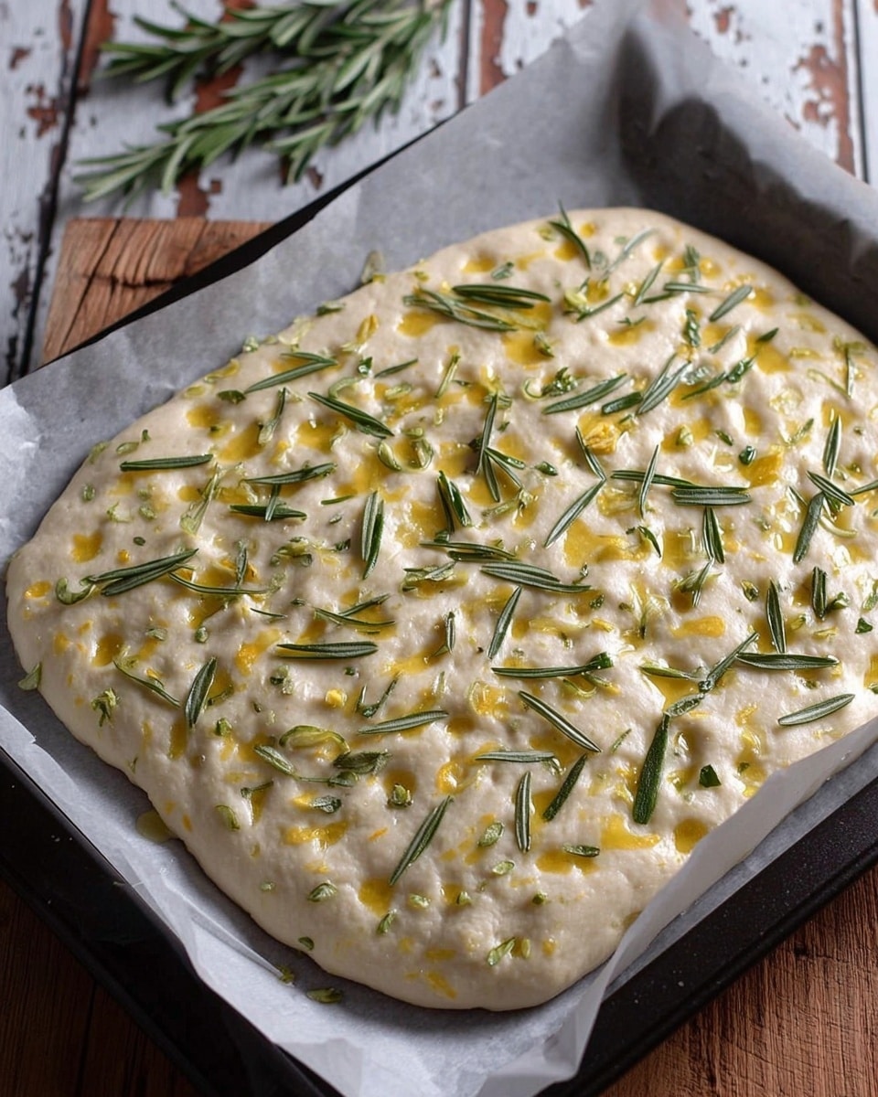A rectangular flatbread with a golden-brown top sprinkled with coarse salt and small green rosemary leaves is placed on white parchment paper. The flatbread has a slightly bumpy texture with small dimples across its surface. It sits on a wooden cutting board surrounded by whole and halved red cherry tomatoes and sprigs of fresh rosemary. A serrated knife with a wooden handle rests on the right side of the board. The background is a white marbled texture. photo taken with an iphone --ar 4:5 --v 7