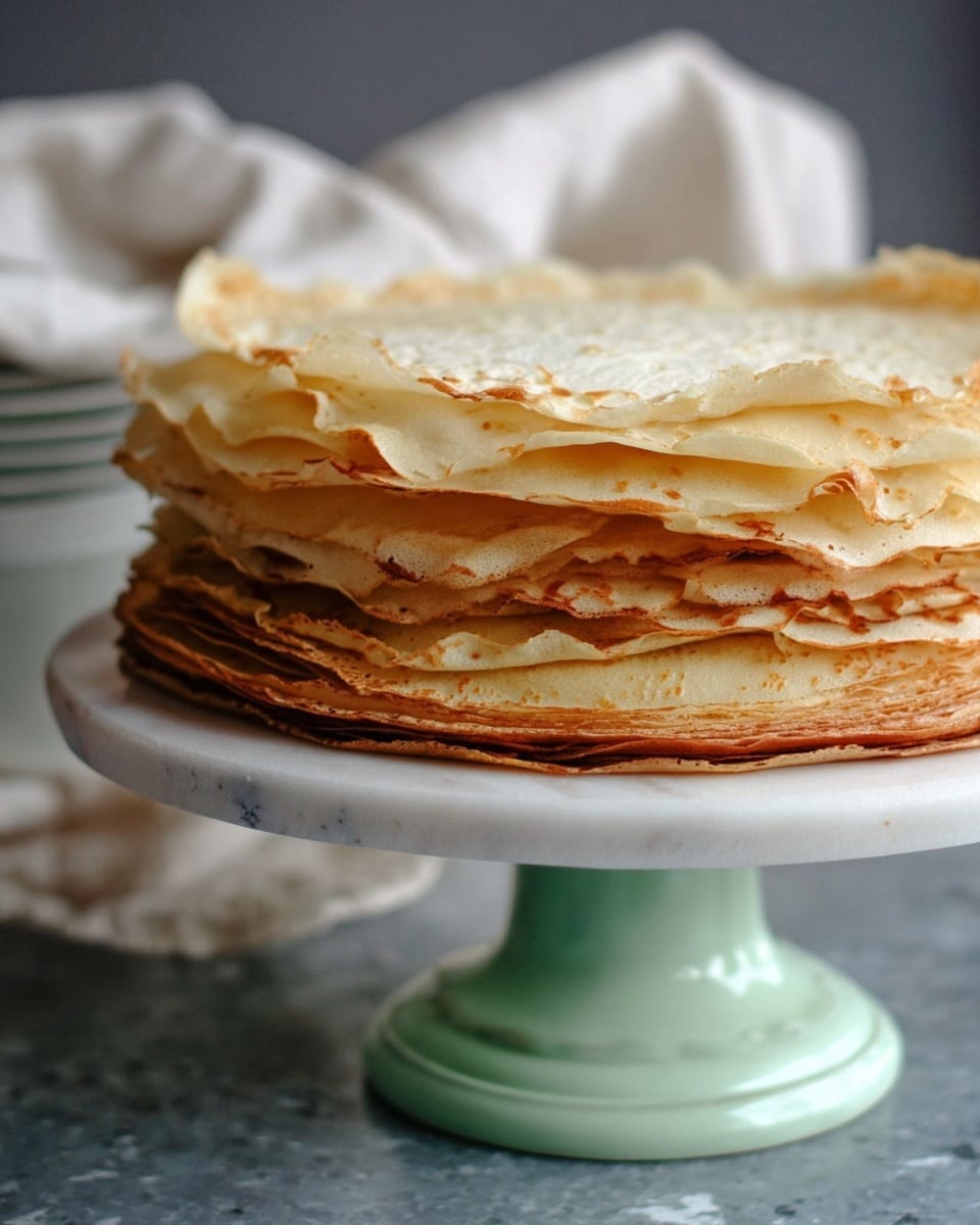 A stack of thin crepes, about six layers high, each layer showing light beige color with edges curled and slightly browned, placed on a white cake stand with a pale green base. The crepes have a smooth, slightly porous texture with some crispiness visible on the edges. The background shows a white marbled surface under the stand and a blurred, soft white cloth can be seen behind the stand. The overall look is light, airy, and delicate. photo taken with an iphone --ar 4:5 --v 7