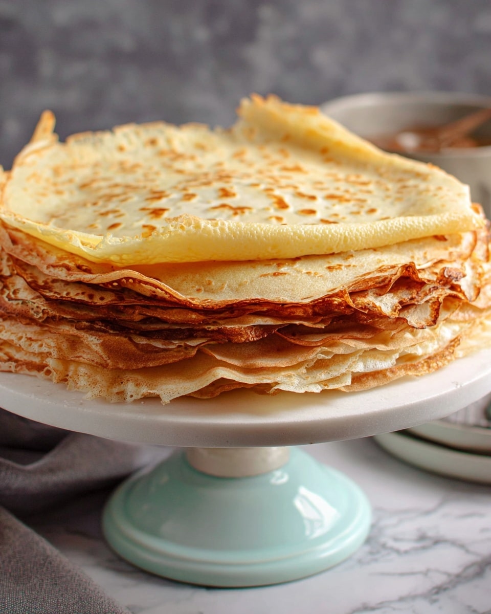 A stack of thin crepes is shown on a white cake stand with a light blue base, placed on a white marbled surface. The stack has multiple layers of crepes, each layer light brown with a smooth but slightly crispy texture along the edges. The top crepe is a pale golden color with small, evenly spread dots of browning. The edges are uneven and slightly curled, revealing thin, fragile layers underneath. The background is soft with a subtle gray texture. photo taken with an iphone --ar 4:5 --v 7