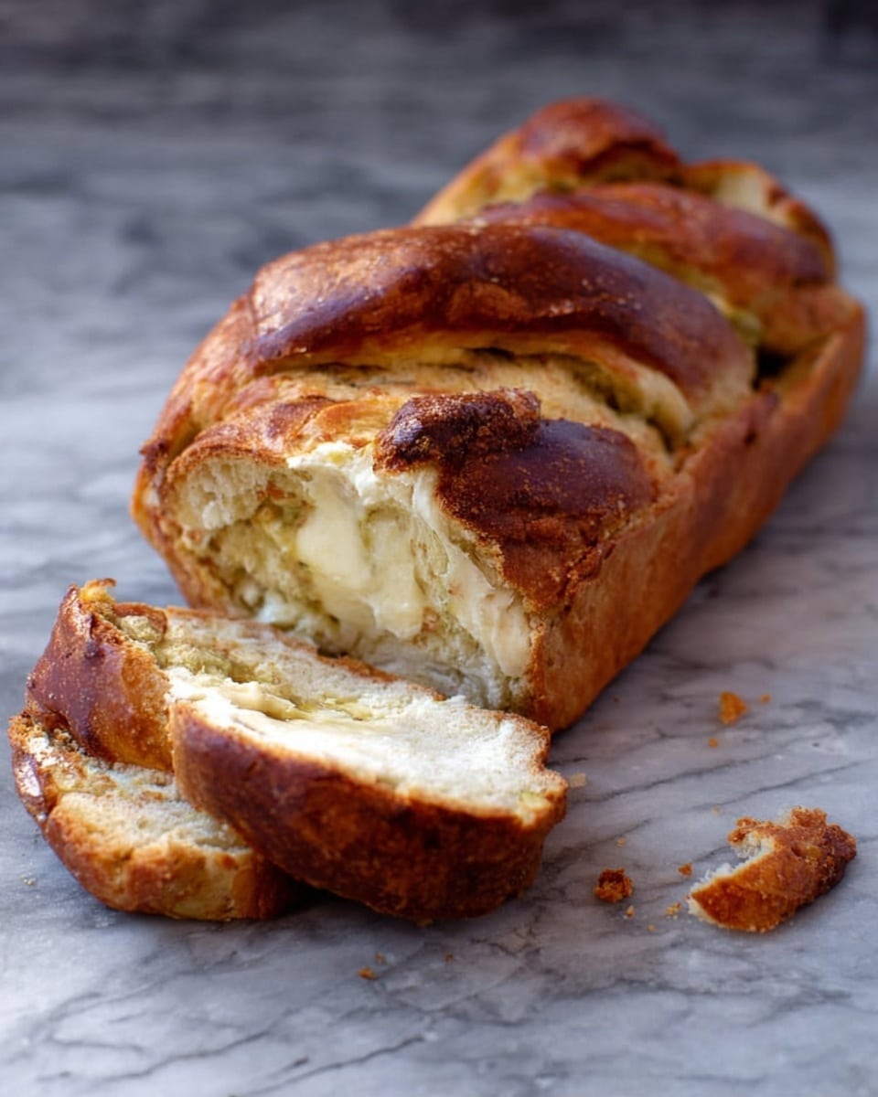 A loaf of bread with braided layers that have a golden brown color with darker, almost burnt spots on the top of each braid. The bread shows rough texture with a firm crust and softer inside visible at the edges. The background is a white marbled texture. photo taken with an iphone --ar 4:5 --v 7