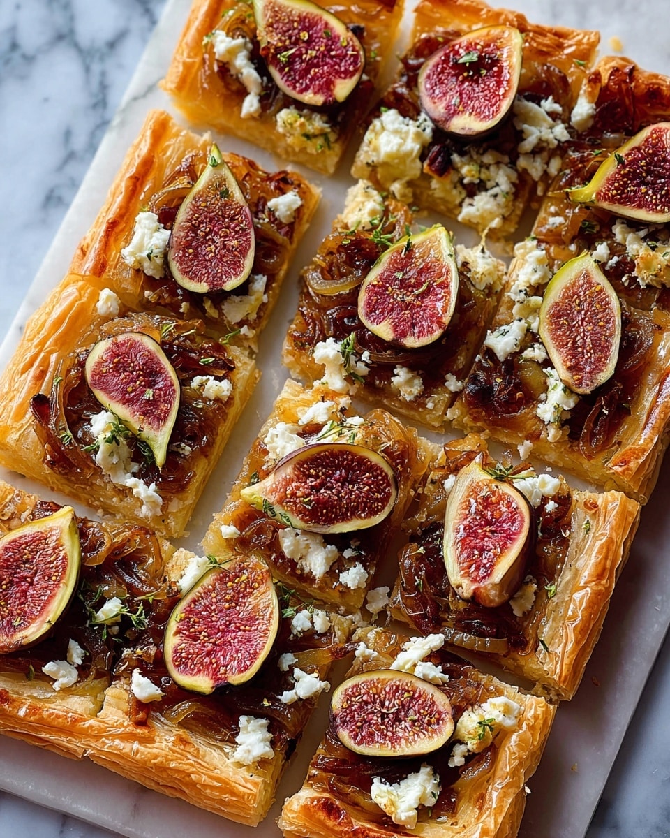 A square tart with three visible layers: the bottom layer is a golden brown flaky pastry crust with raised edges, the middle layer is a thick spread of cooked, caramelized onions in a deep brown color and soft texture, and the top layer is scattered halves of roasted figs with a rich purple and green skin, and bright white crumbles of cheese evenly spread across the tart. The tart rests on a white marbled textured surface. photo taken with an iphone --ar 4:5 --v 7