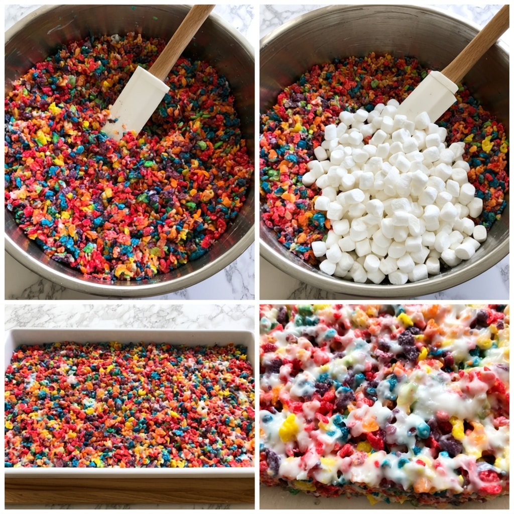 A close-up collage of four images showing colorful cereal treats in the making. The first image shows a large silver mixing bowl filled with a mix of bright red, blue, orange, green, yellow, and purple cereal pieces being stirred with a wooden spoon that has a white silicone spatula head, all on a white marbled surface. The second image shows the same bowl now topped with many small white marshmallows on the colorful cereal mixture, with the wooden spoon still inside. The third image displays the cereal and melted marshmallow mixture spread evenly in a rectangular white tray with a wooden base. The fourth image is a close-up shot of the finished cereal treat showing the melted white marshmallow mixed throughout the colorful cereal clusters with a gooey texture. Photo taken with an iphone --ar 4:5 --v 7