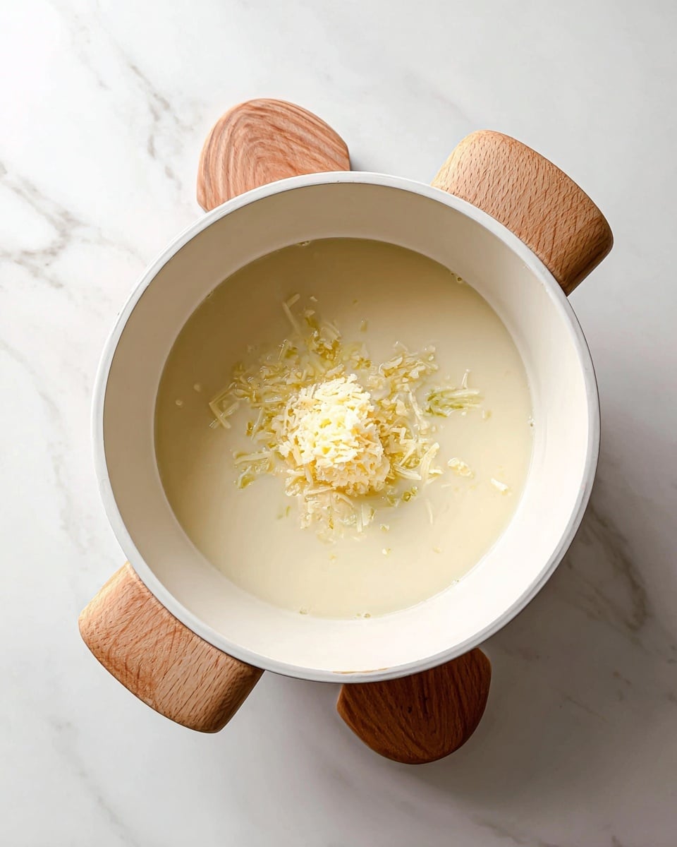 A white pot with light wooden handles on two sides sits on a white marbled surface. Inside the pot is a creamy, light beige liquid with a slightly thick texture. In the center, there is a small mound of finely grated light yellow and white ingredients that float gently on top of the liquid. The pot is clean, and the scene is bright with soft, natural light highlighting the smooth surface of the liquid and the texture of the grated bits. photo taken with an iphone --ar 4:5 --v 7