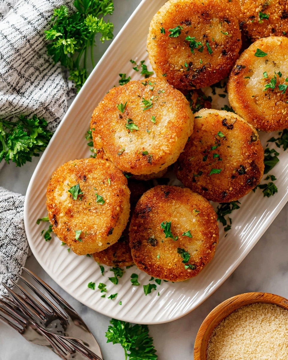 The image shows eight round golden brown patties with a crispy texture arranged closely together on a long white plate with subtle ridges. Each patty is lightly speckled with small green parsley leaves scattered on top, adding fresh green color contrast. The plate is set on a white marbled surface, with some silver forks partially visible on the bottom left and fresh parsley sprigs to the left around a striped cloth napkin. A wooden bowl filled with light beige crumbs is visible on the bottom right corner. photo taken with an iphone --ar 4:5 --v 7