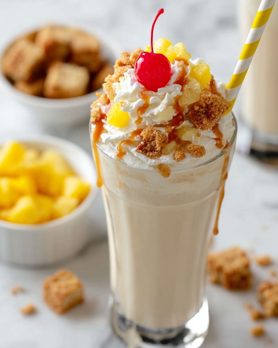 A tall clear glass filled with a creamy beige milkshake serves as the base layer. On top, there is a thick swirl of white whipped cream. The whipped cream is decorated with small yellow chunks of fruit, light brown soft cake pieces, and a bright red maraschino cherry right in the middle. There is a drizzle of light brown caramel sauce over the toppings. A yellow and white striped straw is placed on the right side of the glass. In the background, there are two small white bowls, one with more yellow fruit and one with the light brown cake pieces, all set on a white marbled surface. Photo taken with an iphone --ar 4:5 --v 7