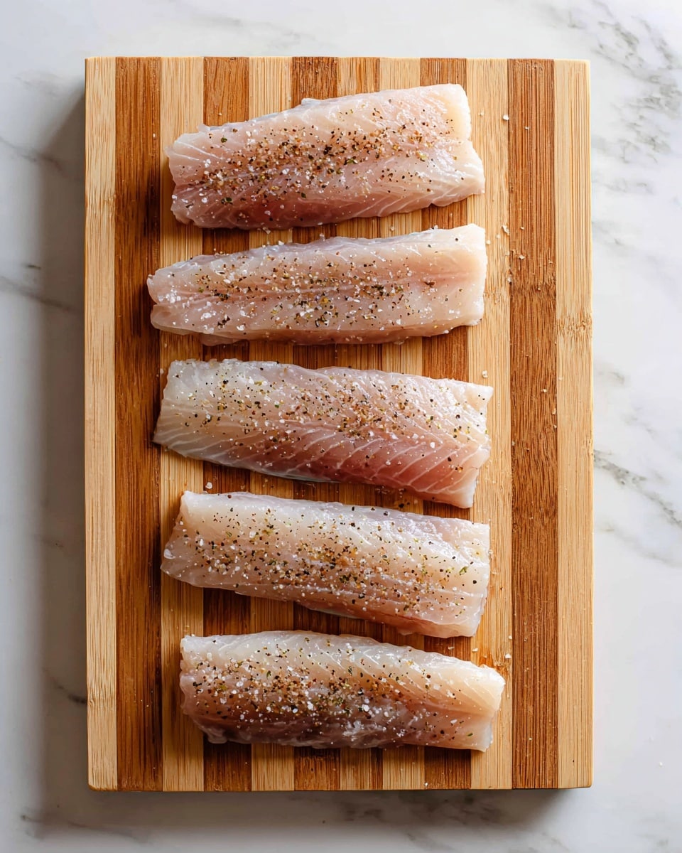 The image shows four raw fish fillets placed vertically in a row on a wooden cutting board. Each fillet is light pinkish-white with a smooth texture and sprinkled with coarse salt and black pepper. The cutting board has a natural wooden color with even stripes, and the surrounding surface is white marbled texture. There is no visible hand or other objects in the image. photo taken with an iphone --ar 4:5 --v 7