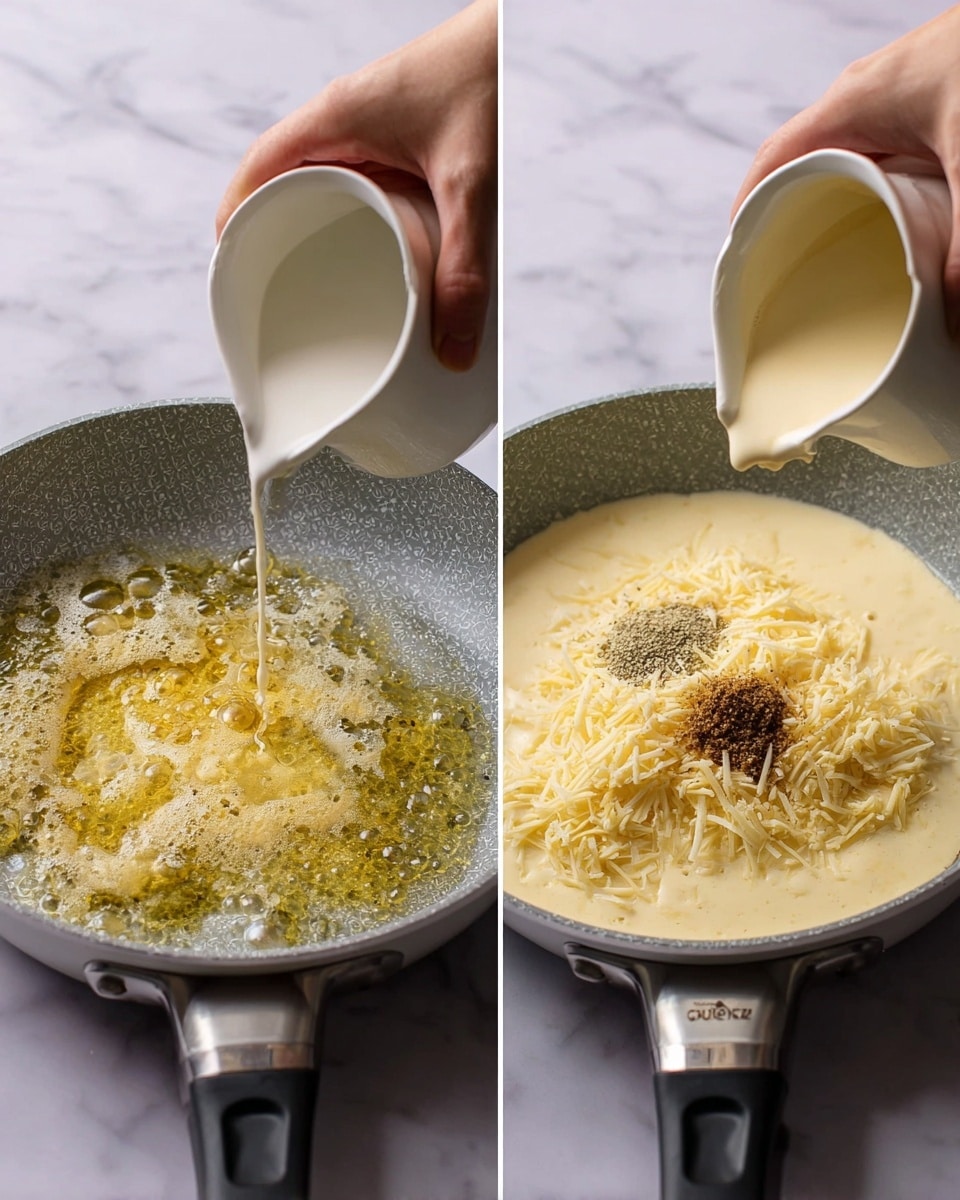 A white marbled surface holds two images side by side of a frying pan with a patterned grey interior and black handle. On the left, a woman's hand pours light cream sauce from a white pitcher into the pan that has melted butter bubbling, showing a yellow and foamy texture with some oil pools. On the right, the pan contains a thick cream sauce base mixed with shredded pale yellow cheese on the surface, and small mounds of ground black pepper, ground mustard, and salt resting on top, with a creamy smooth texture in the pan. Photo taken with an iphone --ar 4:5 --v 7