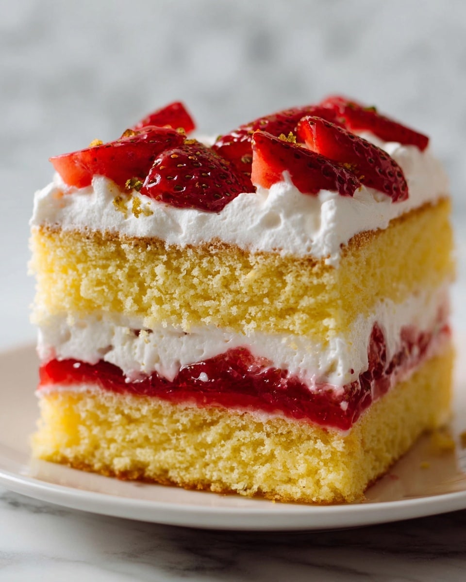 The image shows a close-up of a slice of strawberry shortcake with four layers. The bottom layer is yellow sponge cake with a soft and airy texture. Above it is a thin layer of bright red strawberry jelly. On top of the jelly is a thick layer of white whipped cream that looks light and fluffy. The next layer is another thick piece of yellow sponge cake. Above this upper cake layer is a thick layer of whipped cream topped with fresh red strawberry slices that have a glossy surface. The cake is placed on a white plate, and the background is a white marbled texture. Photo taken with an iphone --ar 4:5 --v 7