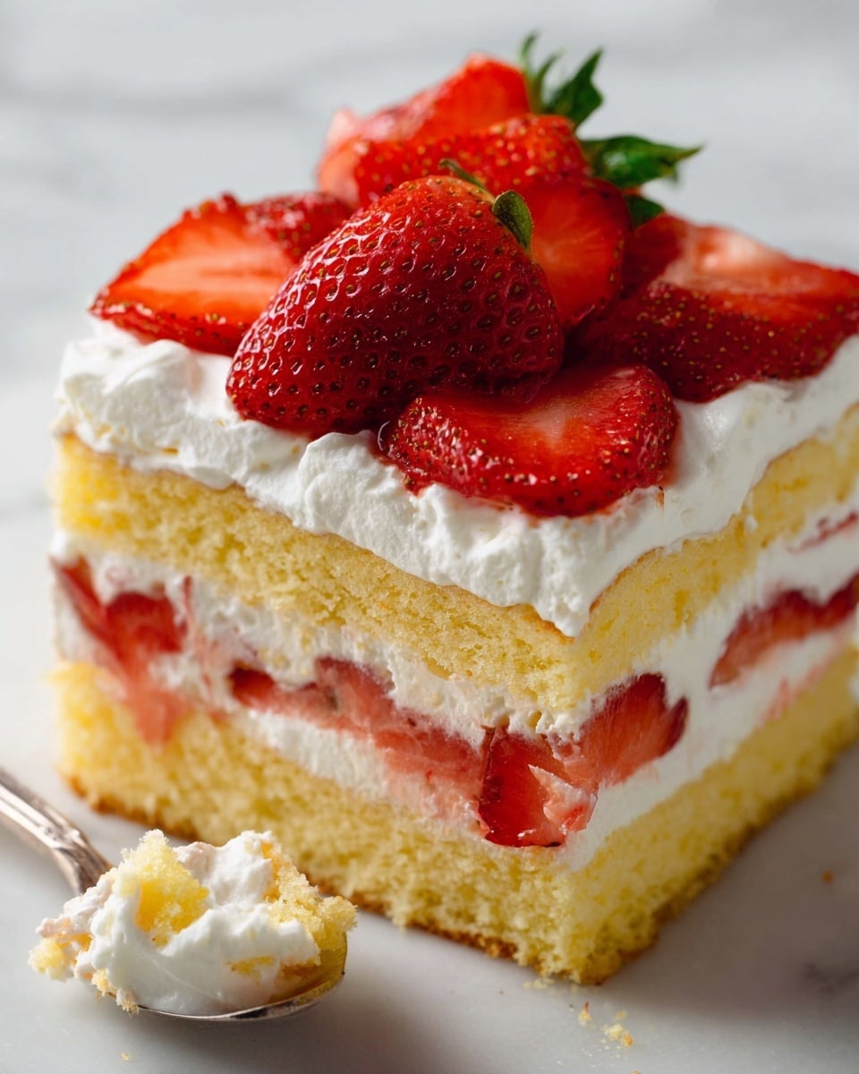 A square piece of strawberry shortcake shows three main layers: the bottom and middle layers are light yellow sponge cake, soft and airy in texture. Between these cake layers are thick white layers of whipped cream with thin slices of bright red strawberries embedded inside. The top layer is whipped cream, spread thick and fluffy, crowned with several fresh, vibrant red strawberry slices that overlap. The cake rests on a white surface with a white marbled texture, and a silver spoon with a bit of cream is nearby at the bottom left. Photo taken with an iphone --ar 4:5 --v 7