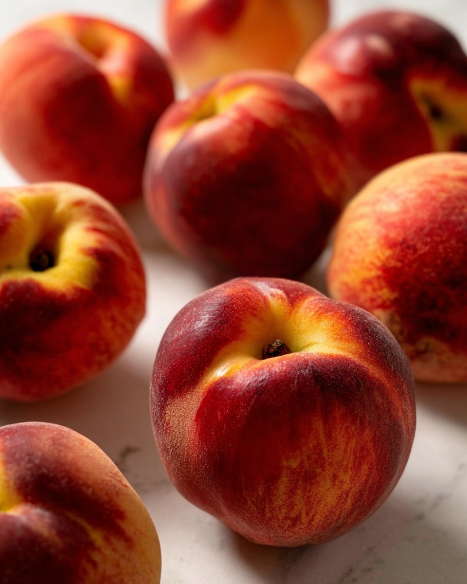 There are several round peaches with smooth skins showing a mix of red, orange, and yellow colors. They are arranged spaced apart on a white marbled surface. The peaches have natural shading and soft texture on their skins, with small dimples and a central indentation at the top where the stem sits. The focus is on the peaches in the middle, making the ones in the background slightly blurred, with soft natural light highlighting their color and shape. photo taken with an iphone --ar 4:5 --v 7