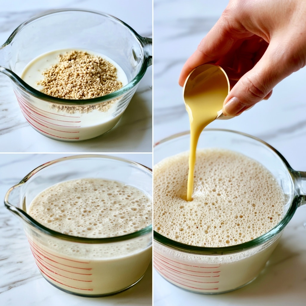 A clear glass measuring cup sits on a white marbled surface, showing two stages of making a yeast mixture. In the first stage, a layer of small beige yeast granules is added on top of a creamy white liquid inside the cup, with a bright yellow yeast packet visible in the background. The second stage shows a bubbly light beige foam layer filling the cup halfway, while a woman's hand pours a smooth, golden yellow liquid from a small measuring cup into the foam. The glass cup reveals red measurement marks, and the scene is bright and clear. photo taken with an iphone --ar 4:5 --v 7