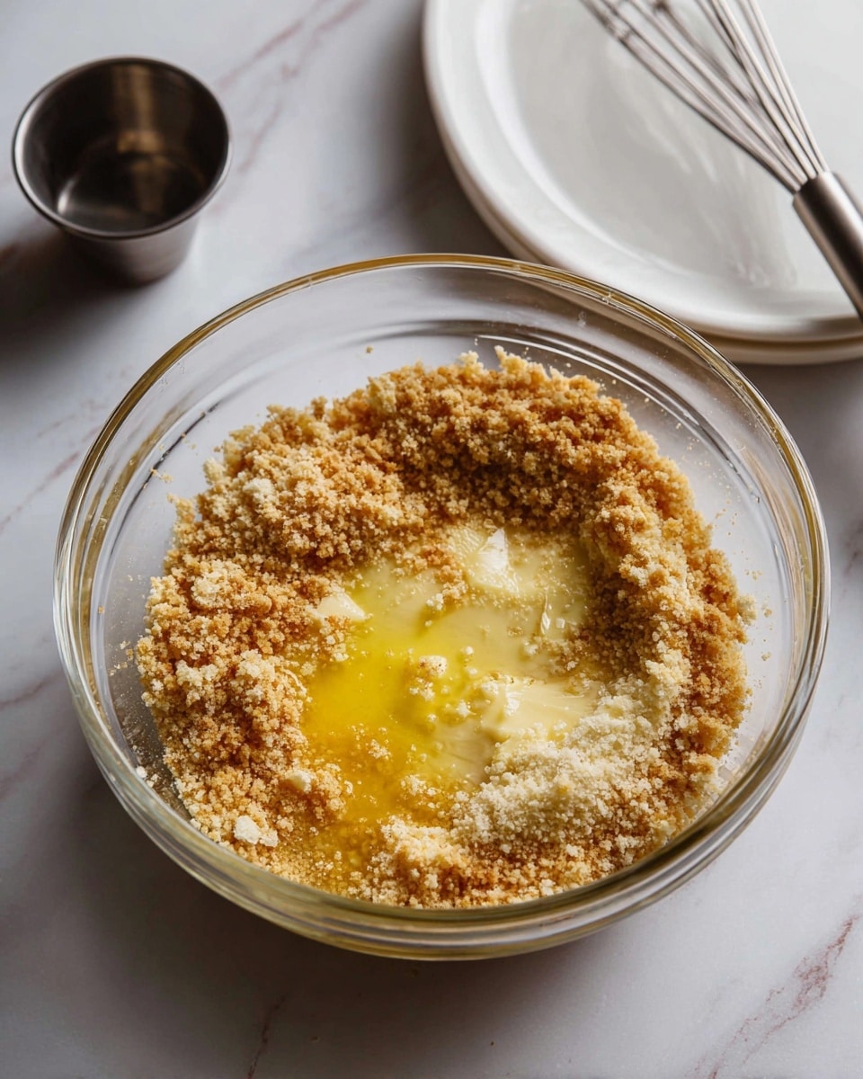 A clear glass bowl sits on a white marbled surface filled with a mixture of brown crumbly crumbs and a small pool of melted yellow butter in the center, creating a grainy texture with wet and dry parts. The crumbs are light to medium brown and cover most of the surface except for the shiny buttery middle. Nearby, a small dark metal cup and a silver whisk rest on a plain white plate, adding contrast to the soft, light colors of the bowl and surface. Photo taken with an iphone --ar 4:5 --v 7