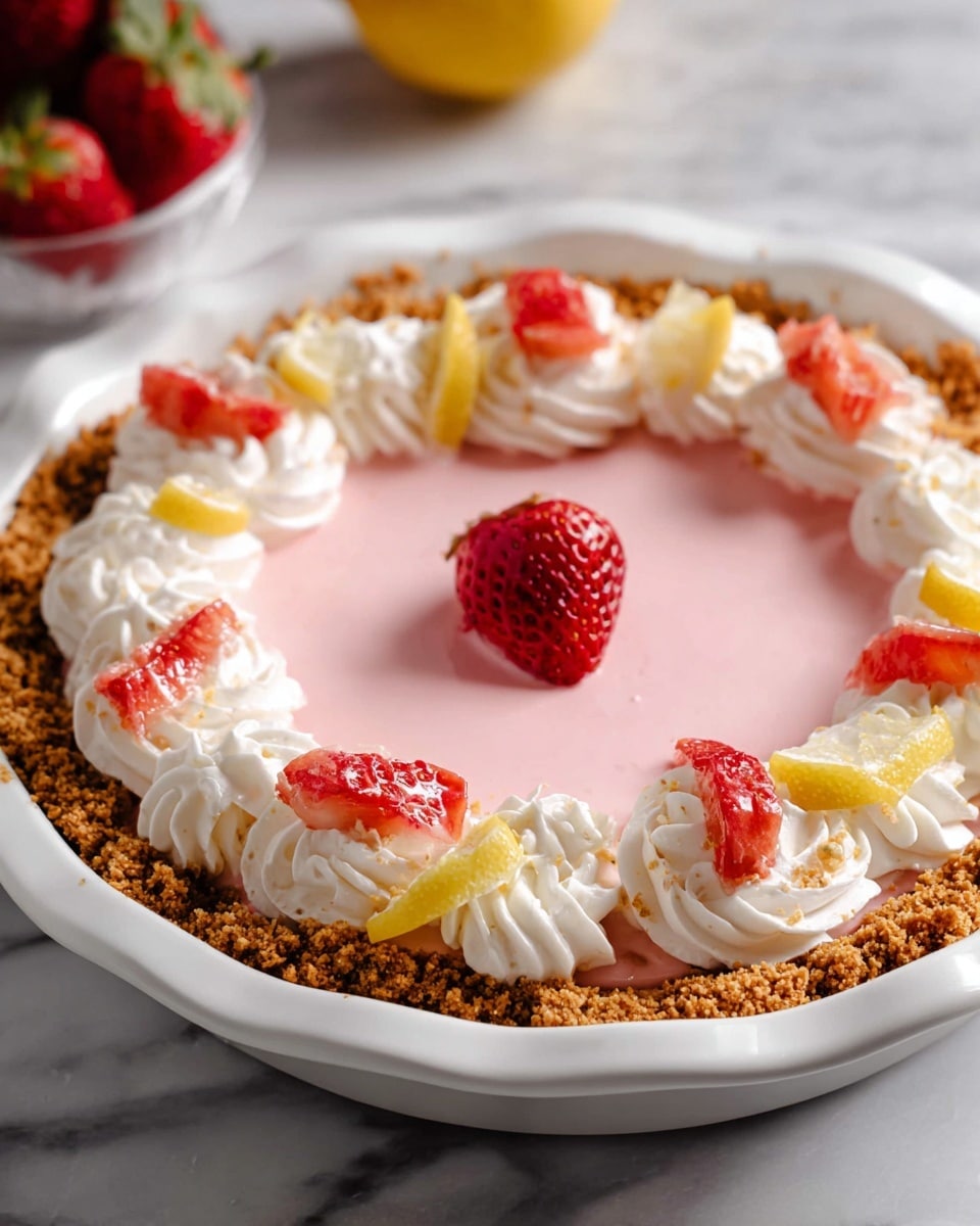 A white pie dish holds a three-layer dessert beginning with a rough, crumbly brown crust that lines the edge and bottom. Above this is a smooth, pastel pink creamy filling that fills the pie evenly. Around the top edge, there are eight swirls of white whipped cream, each topped with small pieces of red strawberry and a thin yellow lemon wedge. One whole red strawberry sits in the center of the pie. The pie is set on a white marbled surface with some strawberries blurred in the background. photo taken with an iphone --ar 4:5 --v 7