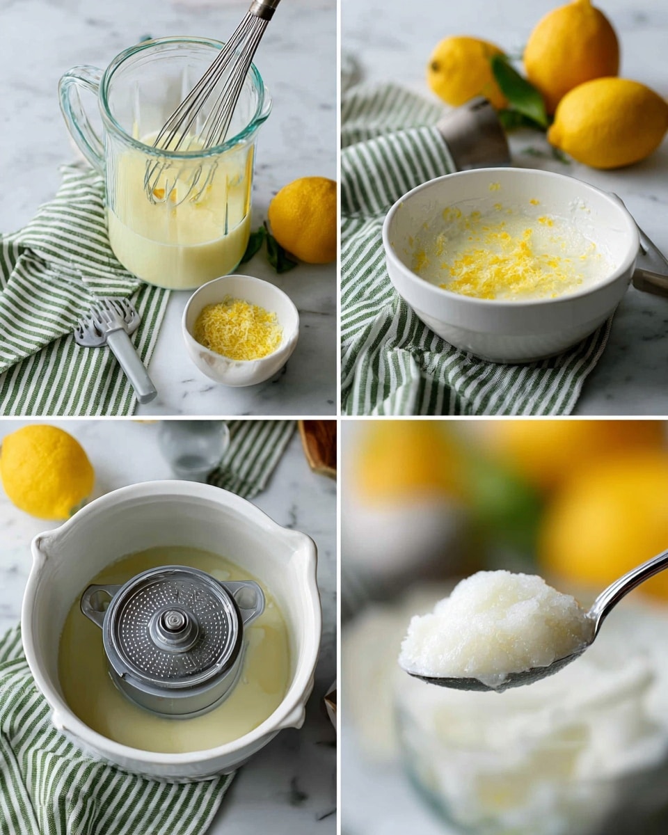 The image shows four close-up scenes arranged in a grid on a white marbled surface. The top left scene has a clear glass pitcher filled with pale yellow liquid and lemon zest, with a metal whisk resting inside and two bright yellow lemons next to a small white bowl containing lemon zest. Below them is a green and white striped cloth partially visible. The top right shows a white mixing bowl with a light yellow mixture and lemon zest inside, placed on the white marbled surface with the striped cloth near it and a gray kitchen tool off to the side. The bottom left also features the white mixing bowl from above, but now with a gray blade assembly at the bottom and the same yellow mixture inside, alongside the same cloth and surface. The bottom right close-up focuses on a clear glass container filled with white icy sorbet being scooped by a metal spoon, with a blurred background of yellow lemons and the striped cloth. photo taken with an iphone --ar 4:5 --v 7