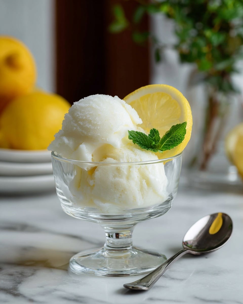 A clear glass dessert cup holds two white scoops of lemon sorbet with a soft, almost fluffy texture. Behind the sorbet, a thin slice of lemon stands upright, showing its pale yellow inside with a slightly darker rind. A small bright green mint leaf rests near the lemon slice, adding a fresh touch. The dessert cup sits on a white marbled surface with a silver spoon nearby. In the blurred background, whole yellow lemons and a glass container add warm yellow and clear touches. The scene feels fresh with light, natural colors. photo taken with an iphone --ar 4:5 --v 7