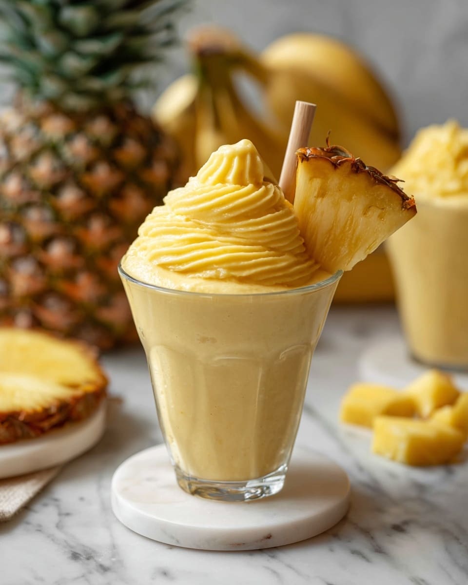 A tall clear glass is filled with a light yellow creamy smoothie topped with a thick swirl of bright yellow pineapple cream, creating two layers; a smooth bottom and a textured, ribbed top. A triangular pineapple slice is placed on the rim of the glass with a small wooden stick inserted into the cream. The glass sits on a white marble coaster on a white marbled surface. In the background, there is a whole pineapple on the left, a blurred bunch of yellow bananas on the right, and another glass with a similar smoothie is partially visible. Small pieces of pineapple sit scattered around the base of the glass. Photo taken with an iphone --ar 4:5 --v 7