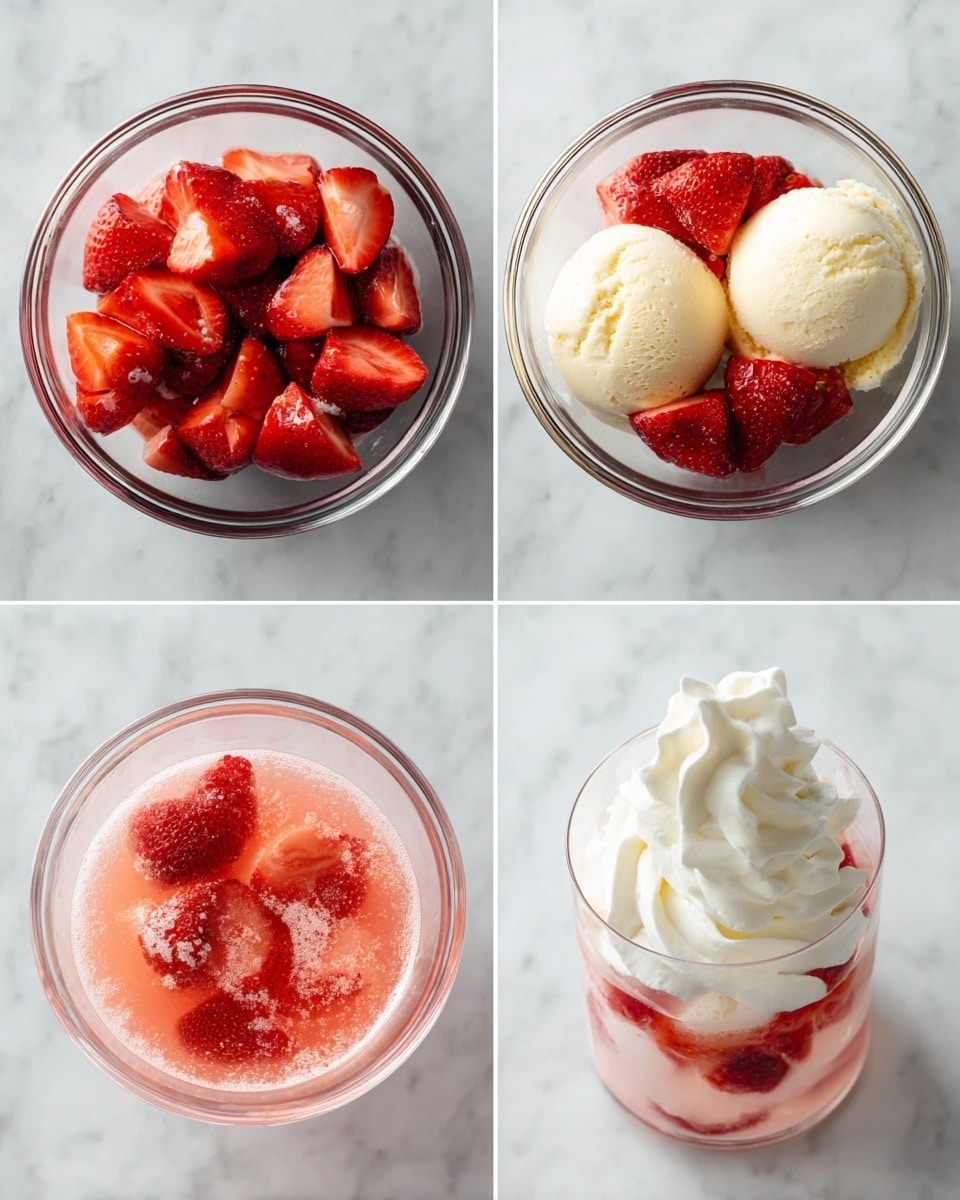 The image shows a step-by-step assembly of a strawberry float dessert on a white marbled surface. The first two images are bowls filled with halved red strawberries with visible juice and sugar sprinkled on top, the strawberries are bright red and juicy. The third image shows a glass with two scoops of pale yellow vanilla ice cream. The fourth image is the same glass now topped with four halved strawberries arranged in a circular pattern on top of the ice cream. The fifth image shows the glass filled with a bubbly, light pink strawberry soda that covers the ice cream and fruit. The last image is the finished dessert with a large swirl of white whipped cream topping the pink soda, ice cream, and strawberries inside the clear glass. photo taken with an iphone --ar 4:5 --v 7