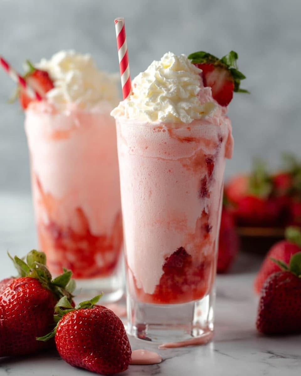 Two tall clear glasses filled with a pink swirled creamy drink, showing visible chunks of red strawberries inside. The drink has a frothy texture that drips slightly down the sides of the glasses. Each glass is topped with a large, fluffy white whipped cream swirl, with several slices of fresh strawberries placed just under the cream. One glass has a white and red striped paper straw poking through the whipped cream. The setting includes a few fresh whole strawberries scattered around on a white marbled surface. photo taken with an iphone --ar 4:5 --v 7
