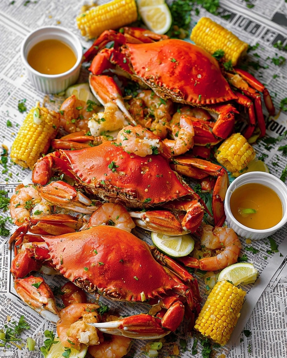 Four large red crabs with smooth, shiny shells are placed on a layer of newspaper spread over a white marbled surface. Around the crabs, there are small yellow potatoes and bright yellow corn on the cob pieces scattered evenly. Light pink shrimp with curled tails are spread around, some resting on the potatoes and corn. Slices of lemon and lime add touches of yellow and green near the edges. Two white bowls hold a golden yellow dipping sauce, placed near the crabs. Small green parsley leaves are sprinkled on top of the crabs and vegetables, adding a fresh, vibrant touch. photo taken with an iphone --ar 4:5 --v 7