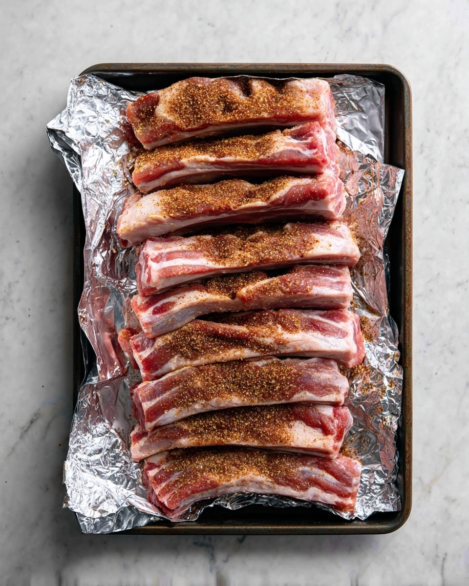 A baking tray lined with crinkled aluminum foil holds two rows of raw pork ribs stacked vertically. The bottom row shows ribs with visible pink and white marbling of fat and meat, while the top row has ribs covered with a sprinkling of brown spice rub that adds a rough texture and darker color. The scene is set on a white marbled surface, emphasizing the contrast of colors and textures of the meat and spice. photo taken with an iphone --ar 4:5 --v 7