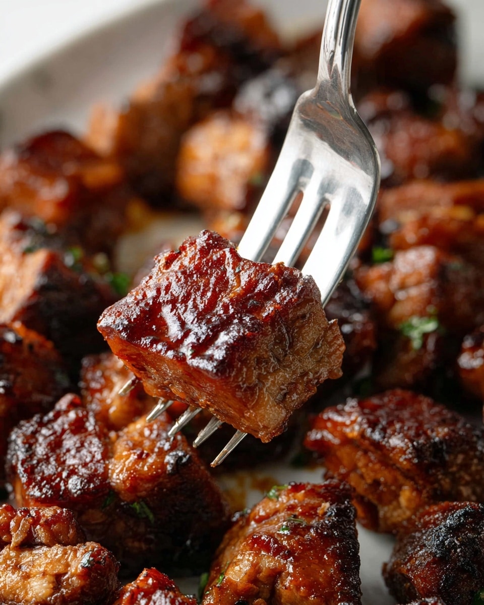 A close-up image shows a silver fork holding a piece of dark brown, shiny, grilled meat with a crispy, textured surface. The meat has a slightly squared shape with visible grill marks and a rich, glossed finish. Beneath and around this piece, there are many more chunks of similar grilled meat with uneven edges and a dark caramelized crust. The background is a white marbled surface that softly contrasts with the dark food. photo taken with an iphone --ar 4:5 --v 7