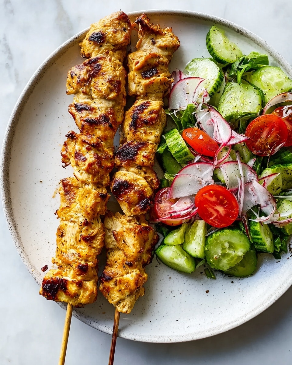 A white round plate on a white marbled surface holds two grilled skewers each with five to six pieces of golden-brown grilled chicken with grill marks and a slightly charred texture. On the right side of the plate, there is a fresh salad made of three layers: bright green cucumber slices with smooth texture, red cherry tomato halves with juicy interiors, and thin slices of radish showing white centers with pink edges. The colors of the salad mix vibrant green, red, and white shades, contrasting with the warm tones of the chicken skewers. Photo taken with an iphone --ar 4:5 --v 7