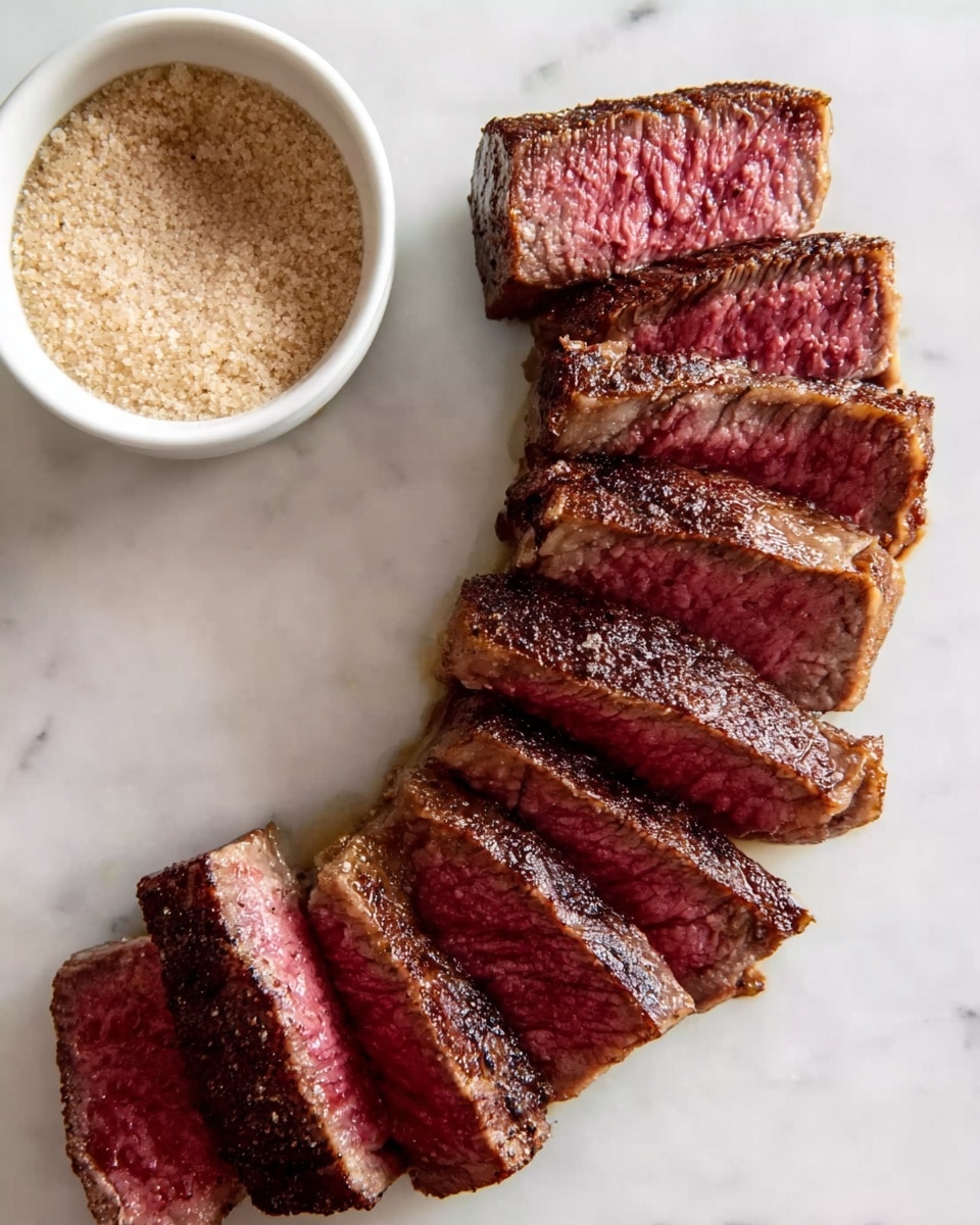 The image shows six thick slices of cooked beef steak arranged on a white marbled surface in a slightly curved line. Each slice has a dark brown, seared outer layer and a pinkish-red center, showing a medium rare texture. The texture of the meat looks tender and juicy with visible grain. To the left of the slices, there is a small white bowl filled with light brown coarse salt. Photo taken with an iphone --ar 4:5 --v 7