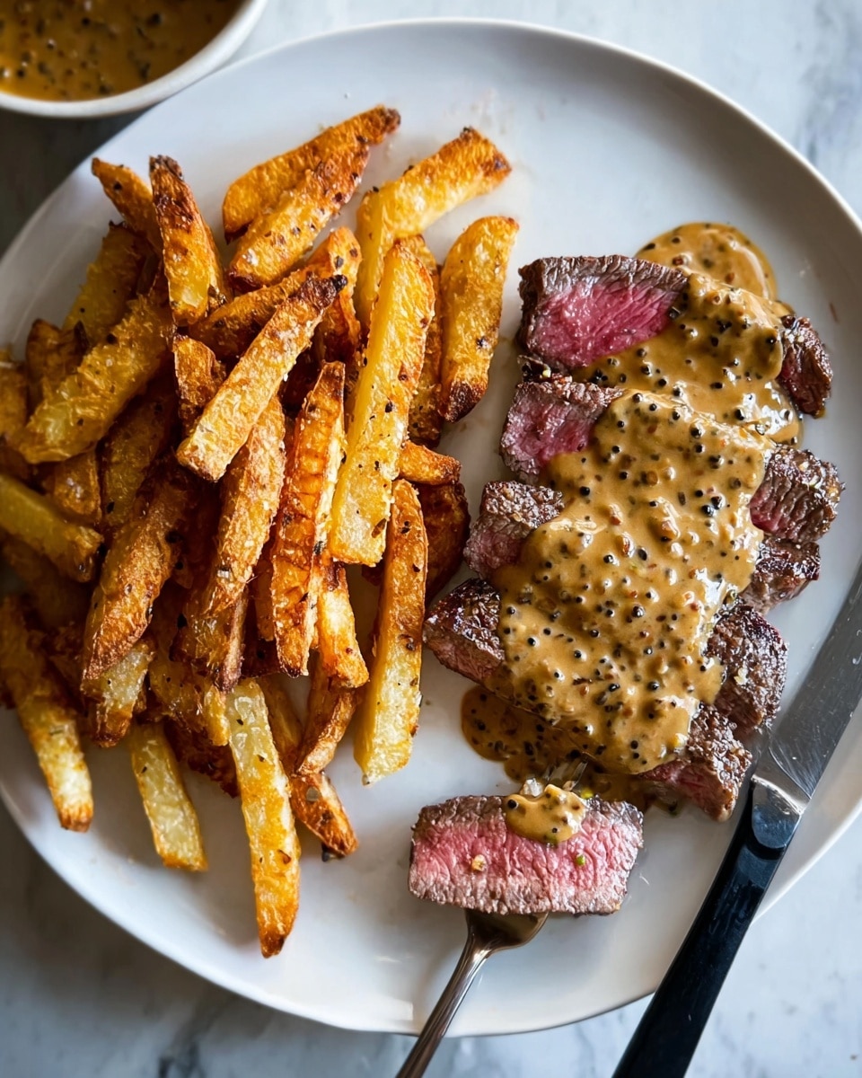A white plate sits on a white marbled surface, holding a meal of steak with creamy sauce and thick-cut fries. The steak is sliced into several pieces, with the top three covered in a thick, light brown sauce with visible pepper bits. One piece is held by a fork with a woman's hand holding it from the right side of the image. The fries are golden and crispy, piled to the left side of the plate, next to the steak. A knife with a black handle rests on the right edge of the plate. In the background, a small white bowl with more sauce is slightly blurred. photo taken with an iphone --ar 4:5 --v 7